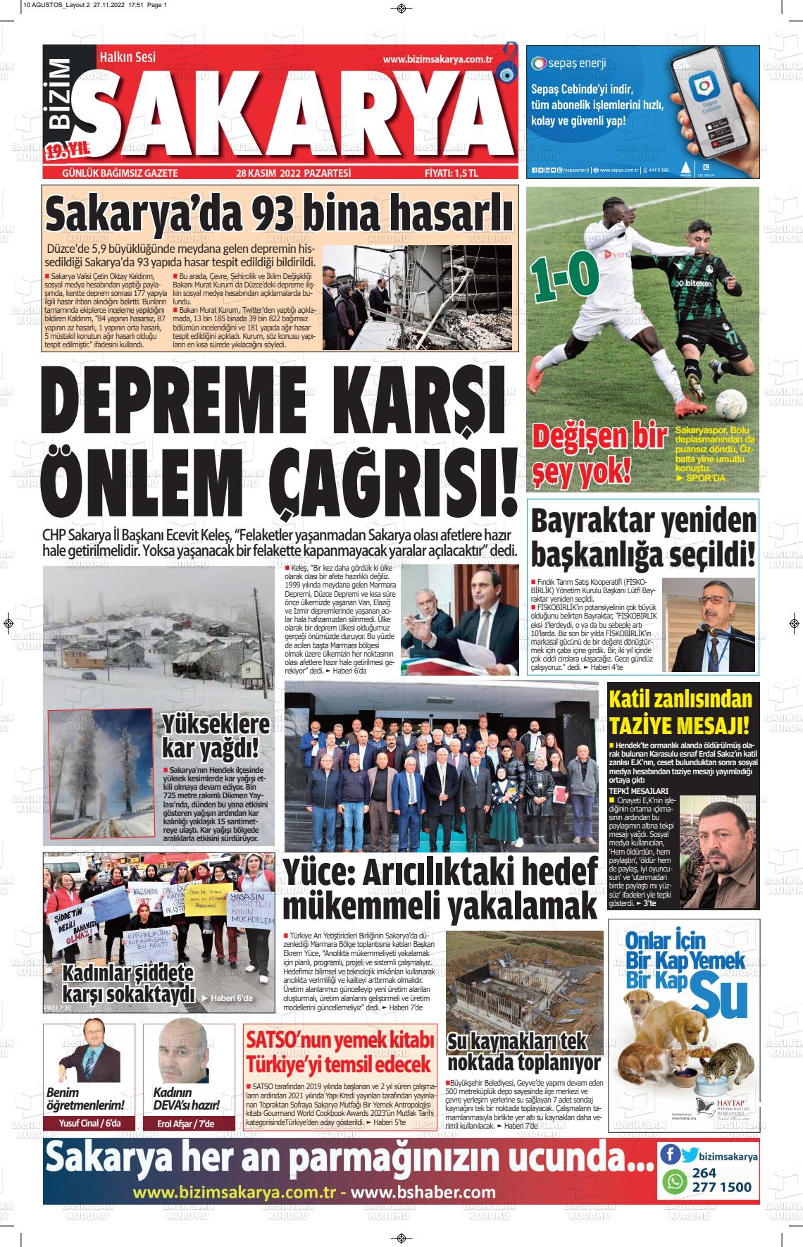 28 Kasım 2022 Bizim Sakarya Gazete Manşeti