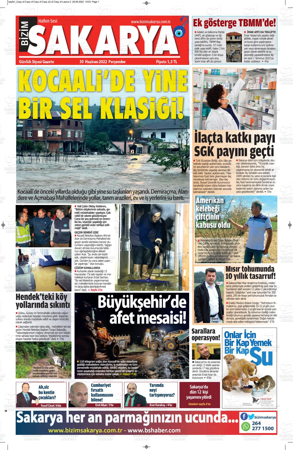 01 Temmuz 2022 Bizim Sakarya Gazete Manşeti