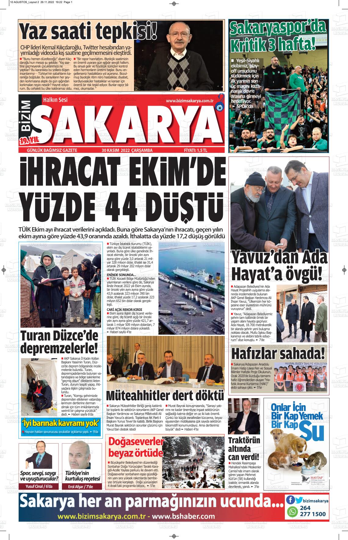 30 Kasım 2022 Bizim Sakarya Gazete Manşeti