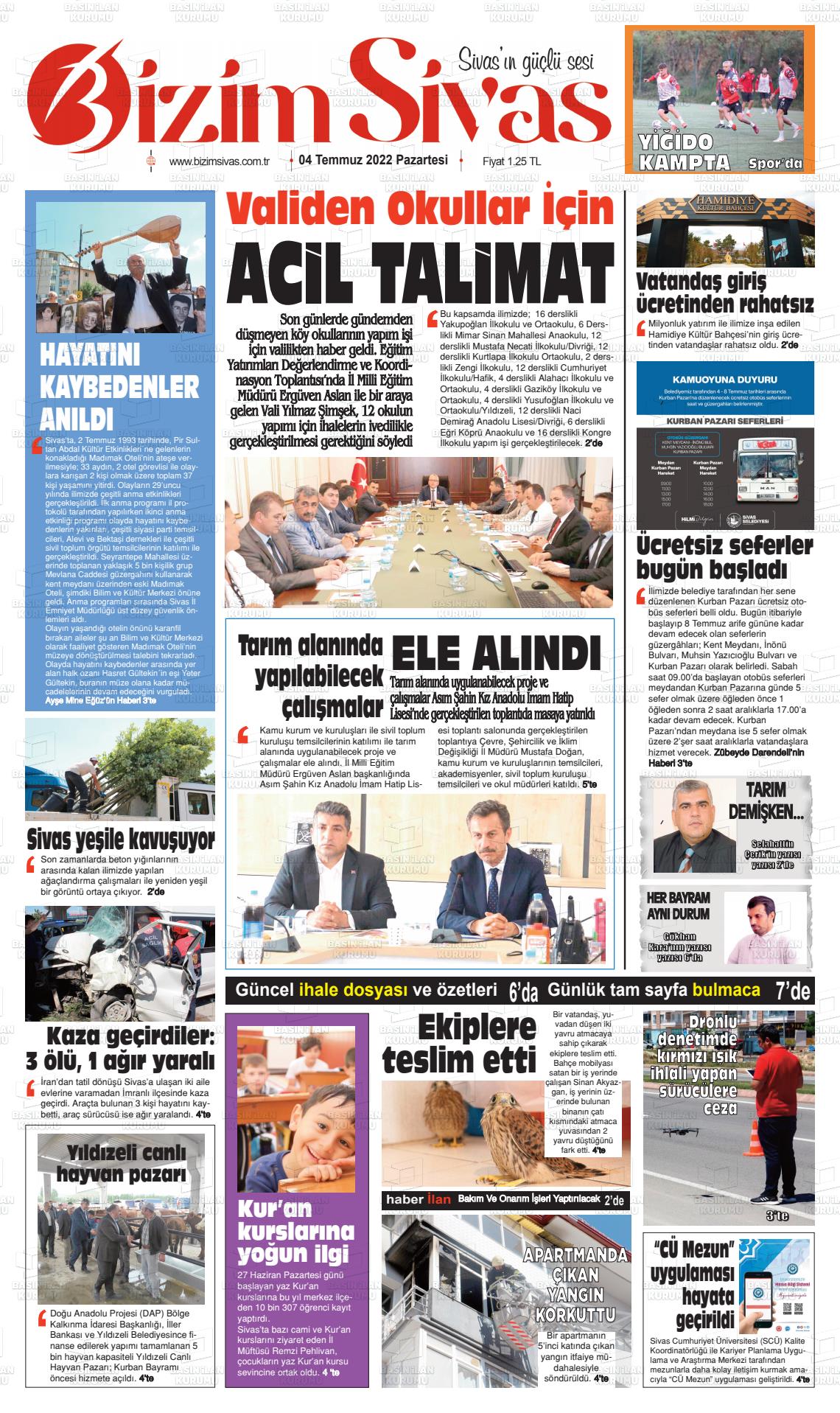04 Temmuz 2022 Bizim Sivas Gazete Manşeti