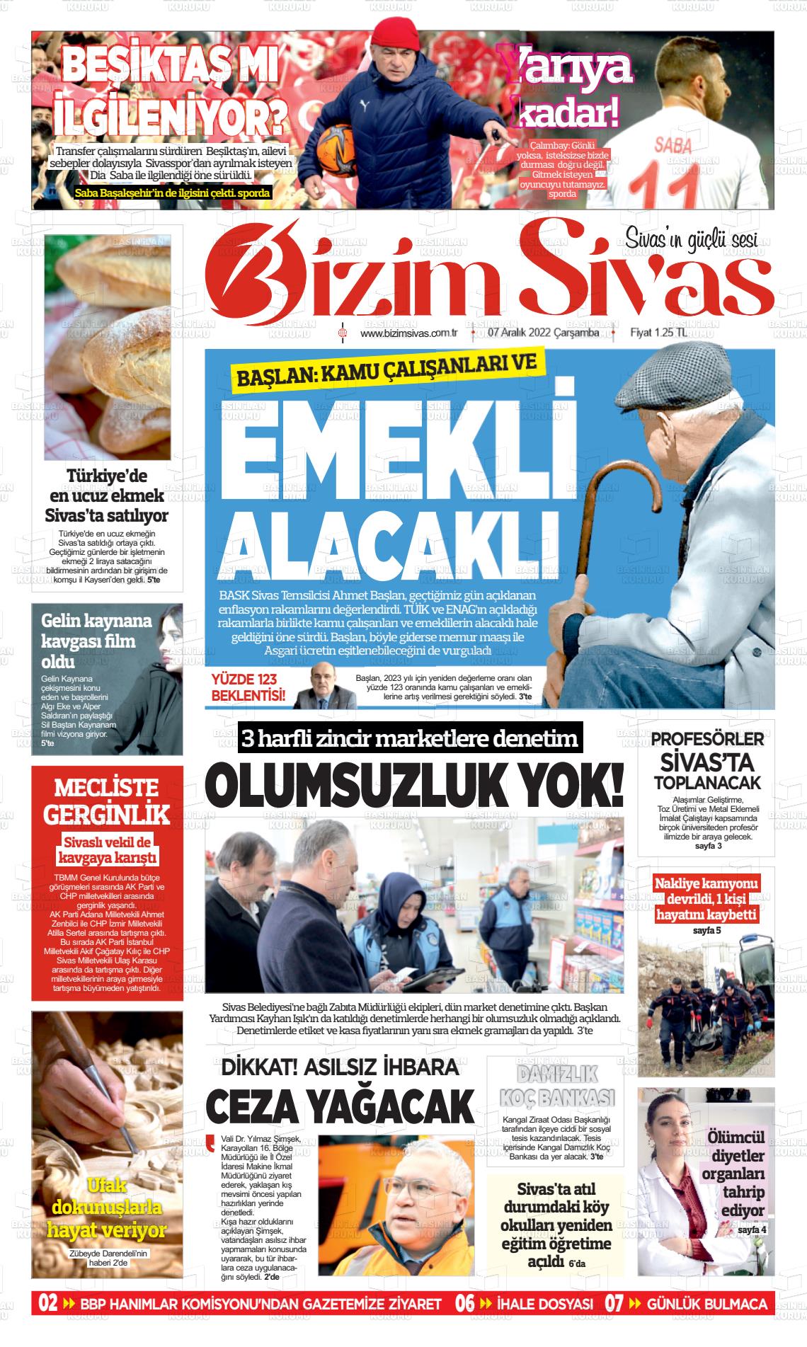 07 Aralık 2022 Bizim Sivas Gazete Manşeti