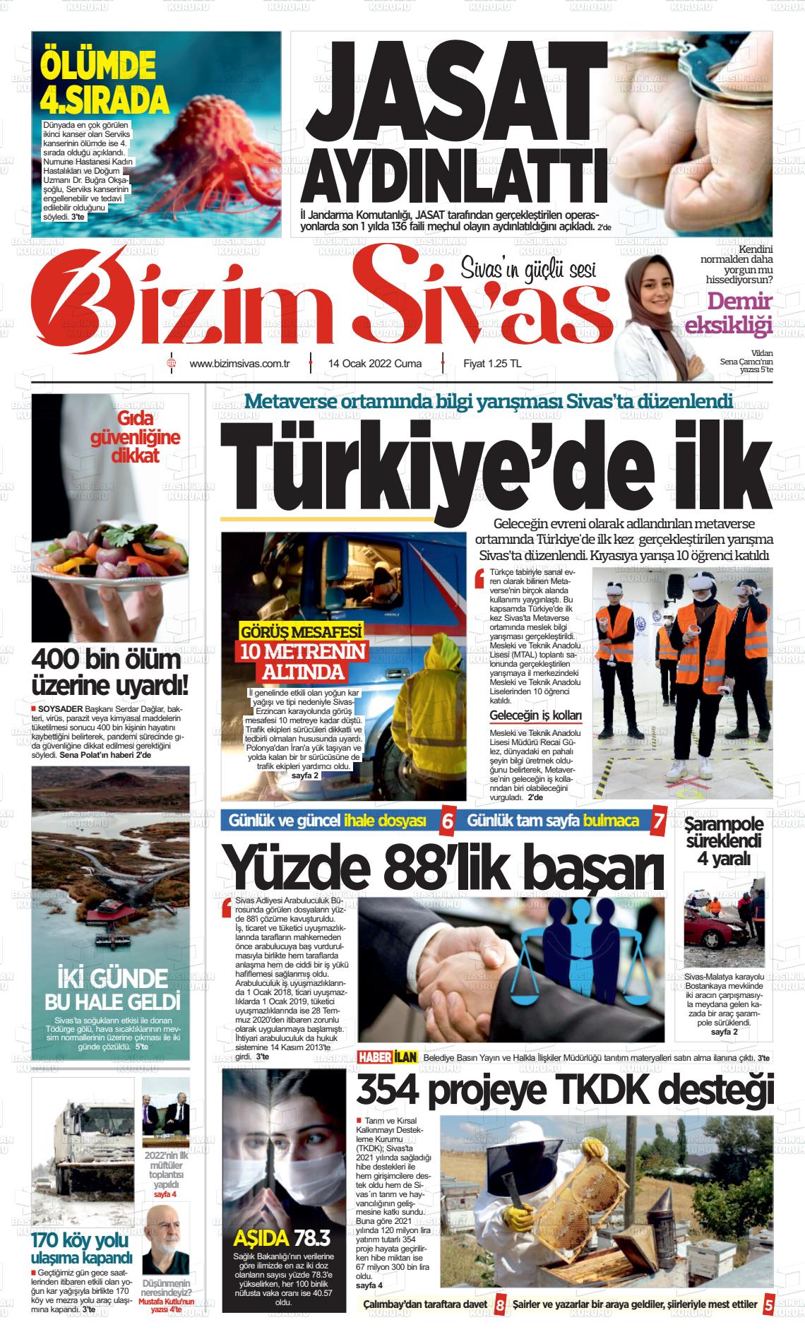 14 Ocak 2022 Bizim Sivas Gazete Manşeti