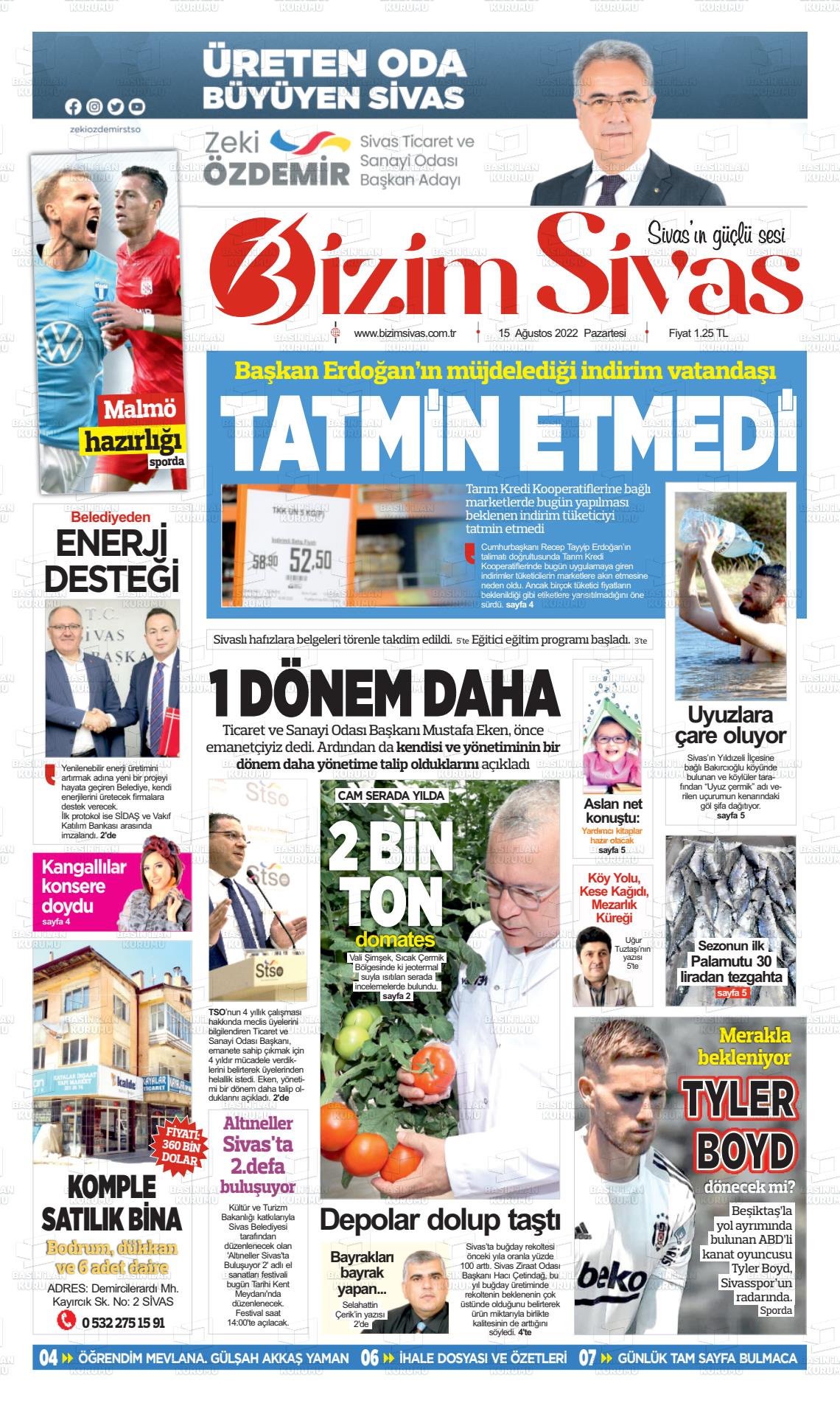 16 Ağustos 2022 Bizim Sivas Gazete Manşeti