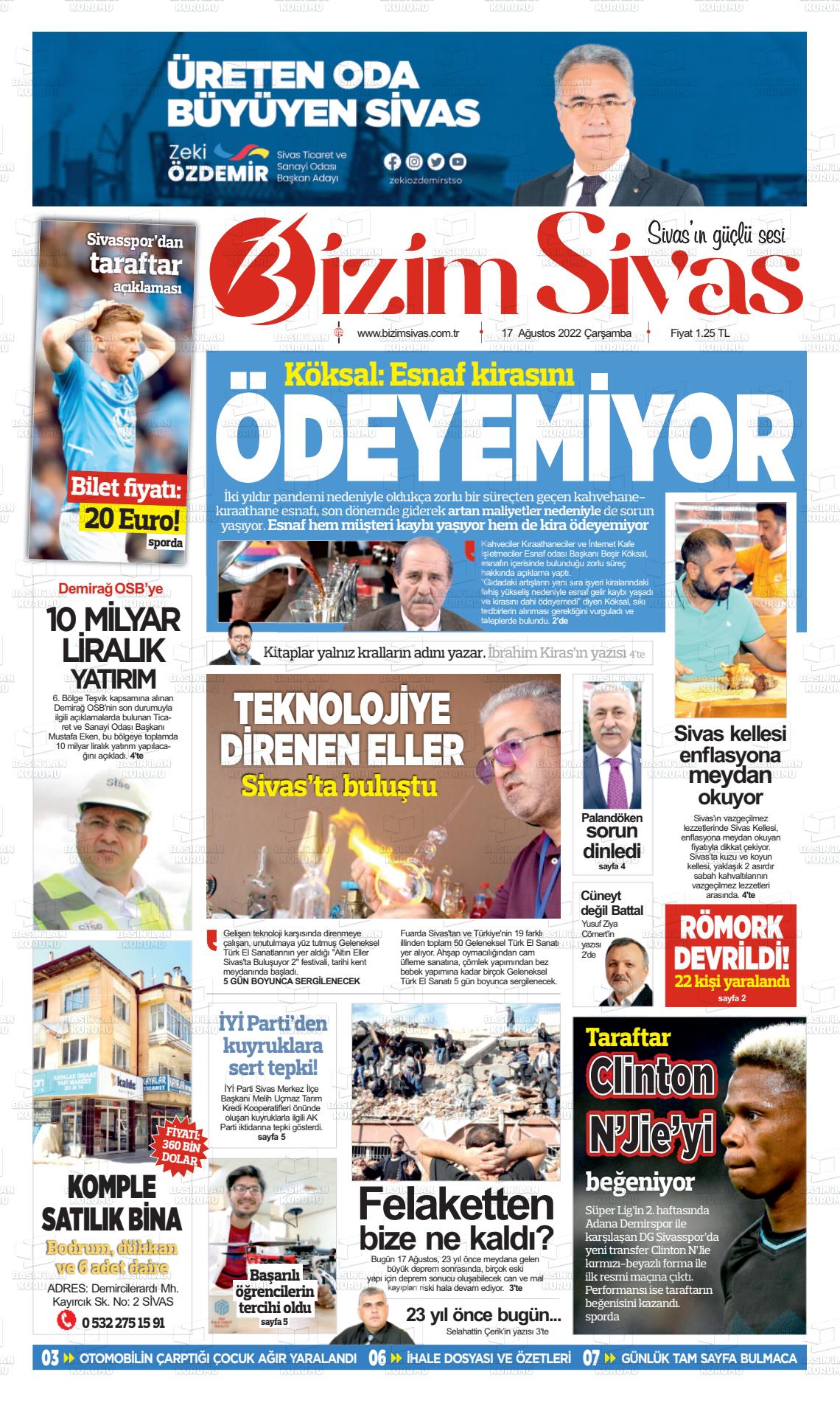 17 Ağustos 2022 Bizim Sivas Gazete Manşeti