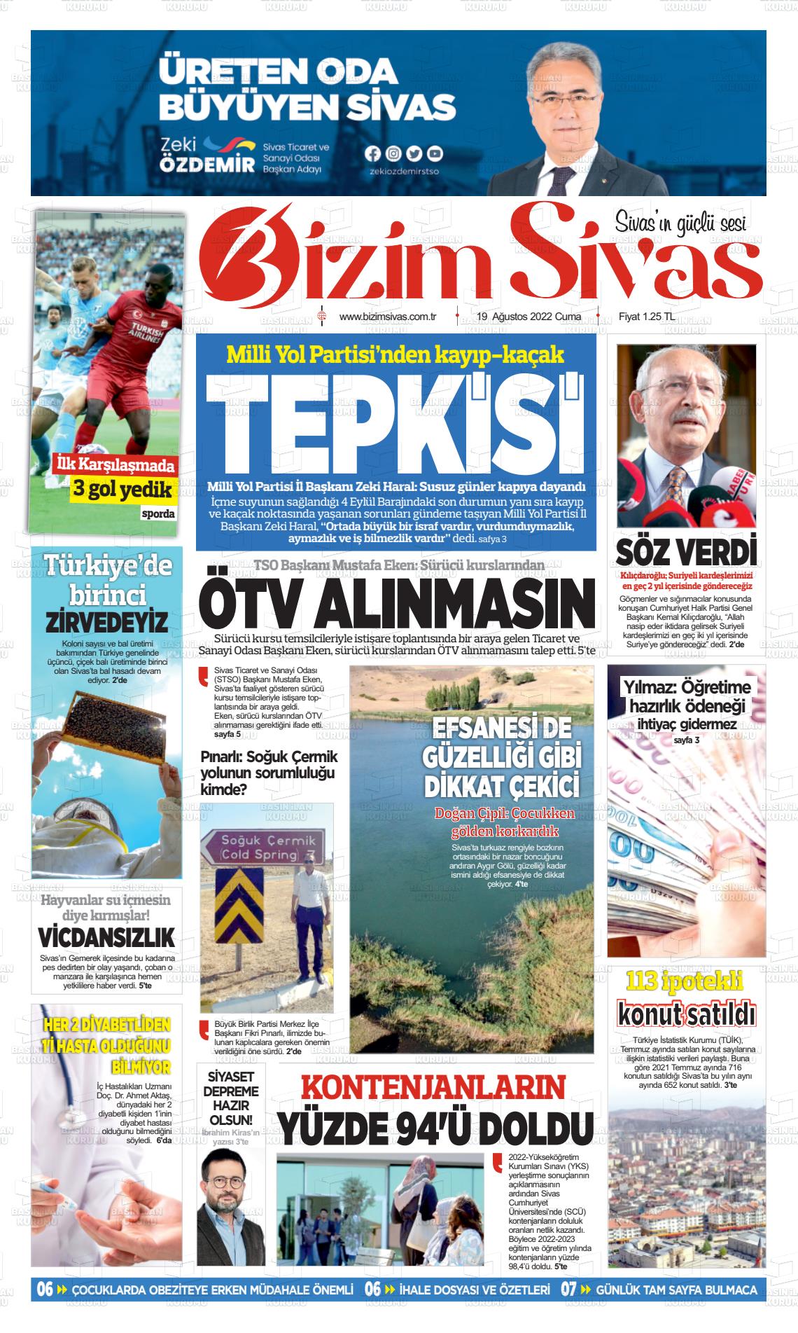 19 Ağustos 2022 Bizim Sivas Gazete Manşeti