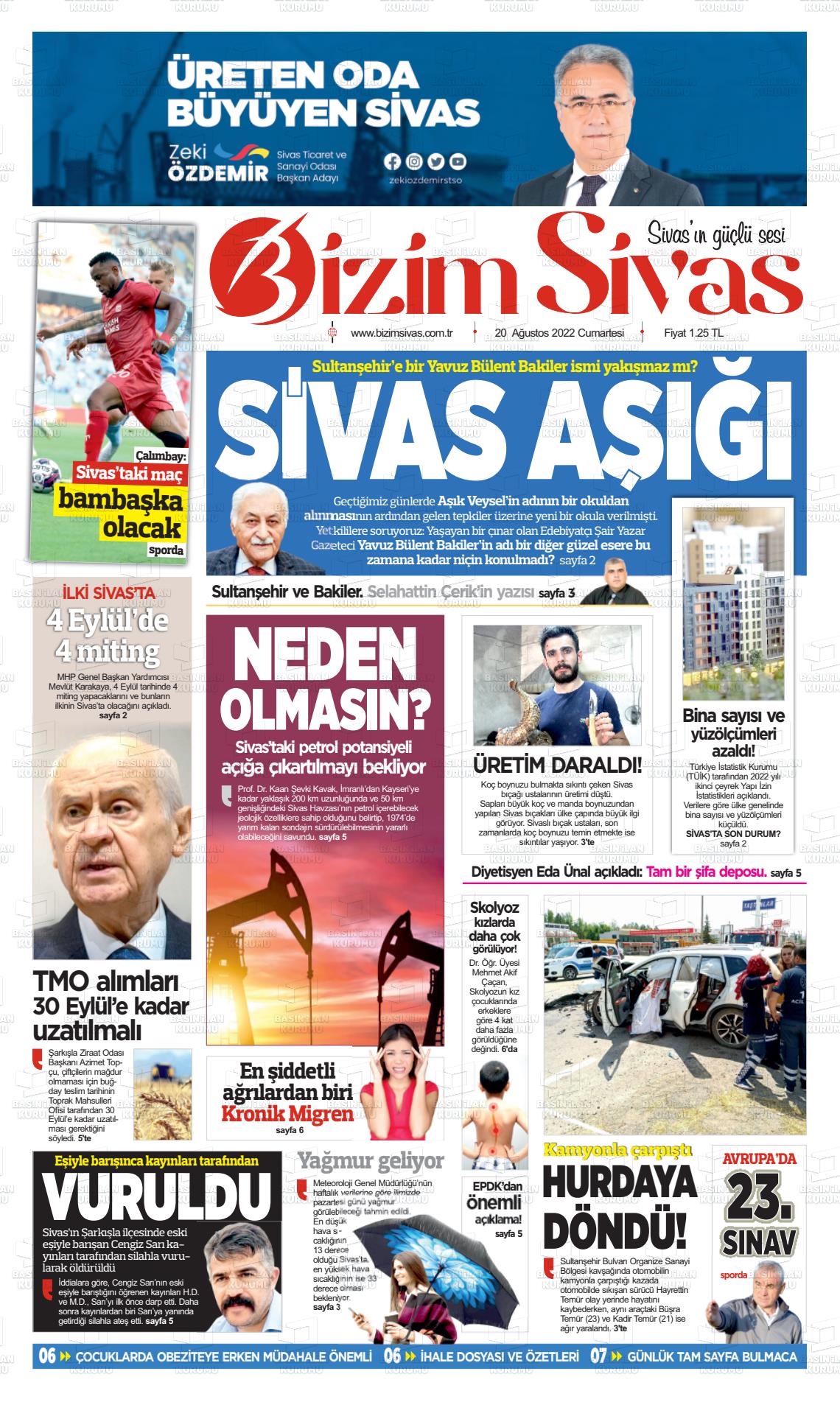20 Ağustos 2022 Bizim Sivas Gazete Manşeti
