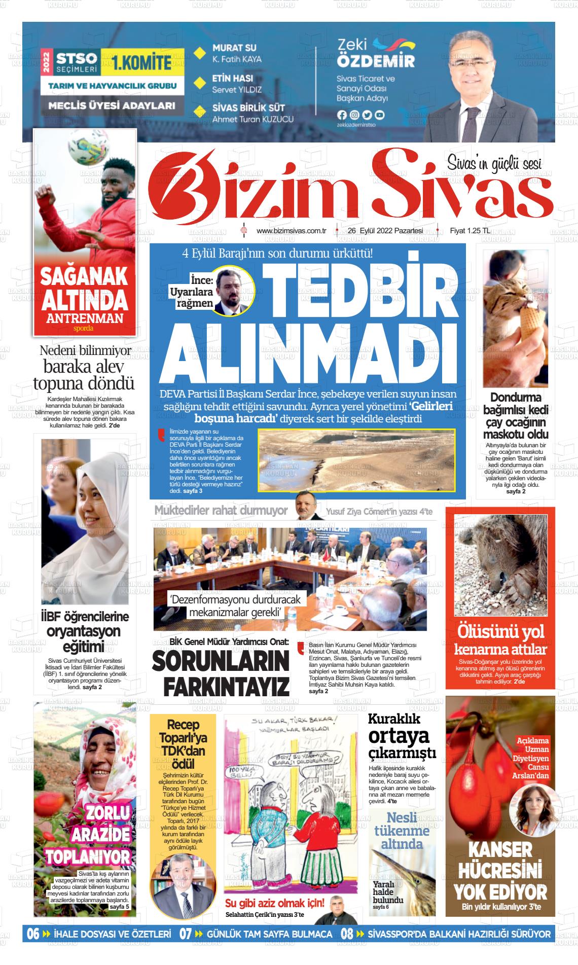 26 Eylül 2022 Bizim Sivas Gazete Manşeti