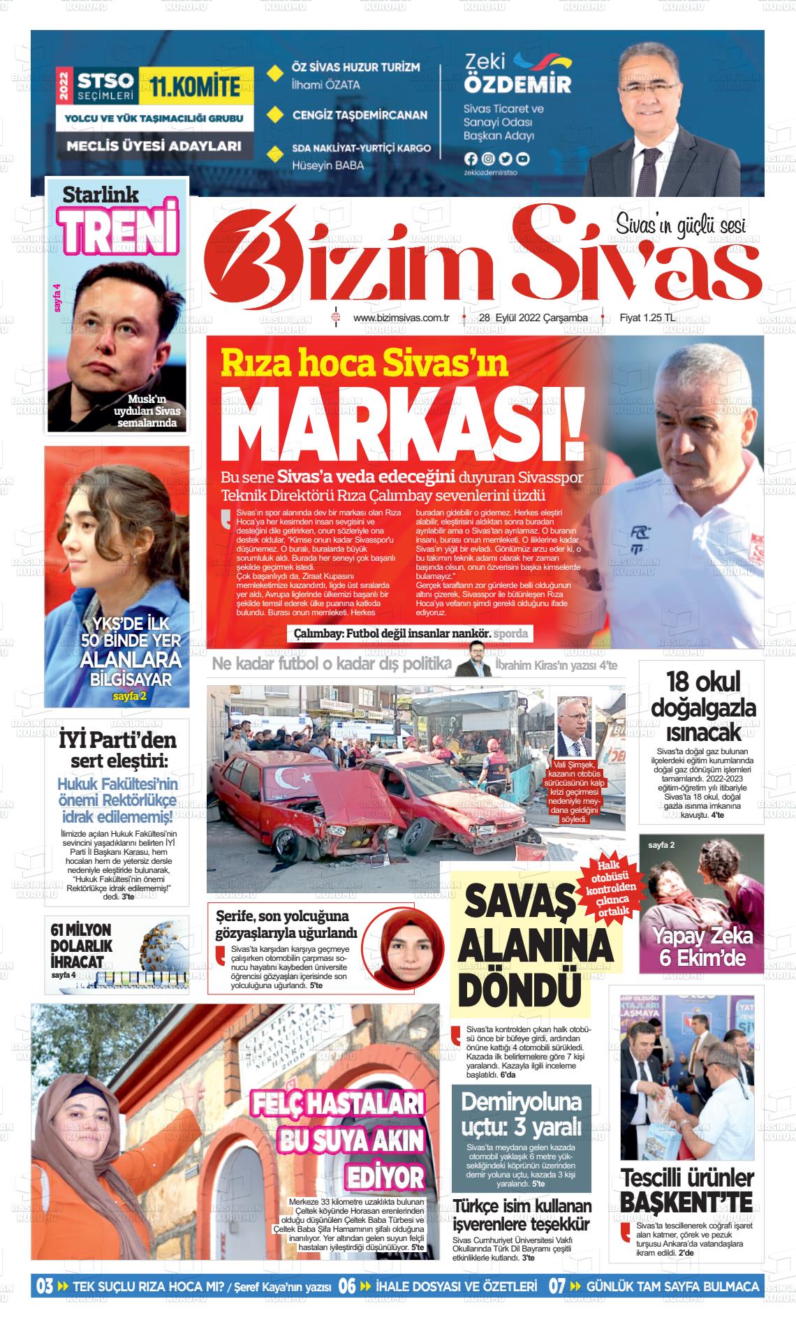 28 Eylül 2022 Bizim Sivas Gazete Manşeti