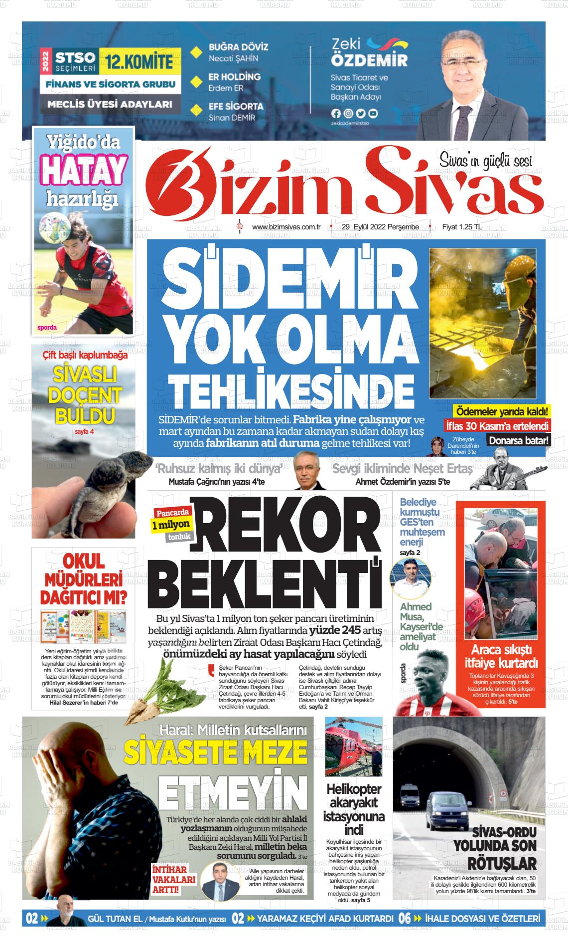 29 Eylül 2022 Bizim Sivas Gazete Manşeti