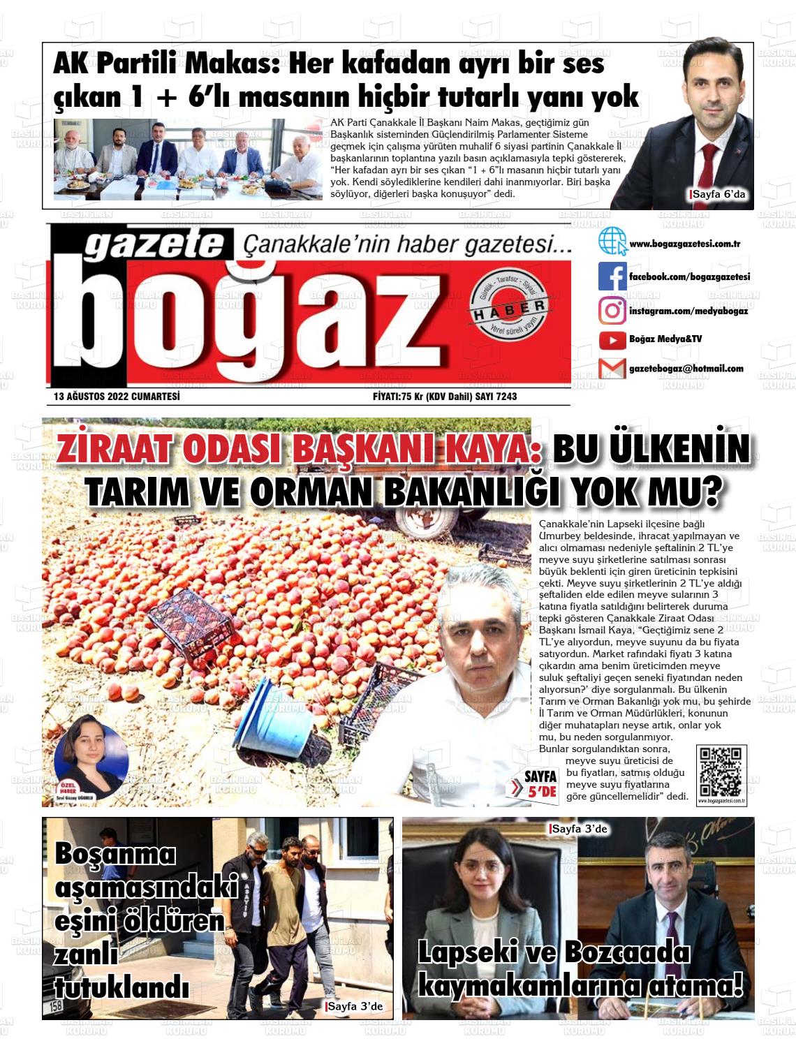 13 Ağustos 2022 Bogaz Gazete Manşeti
