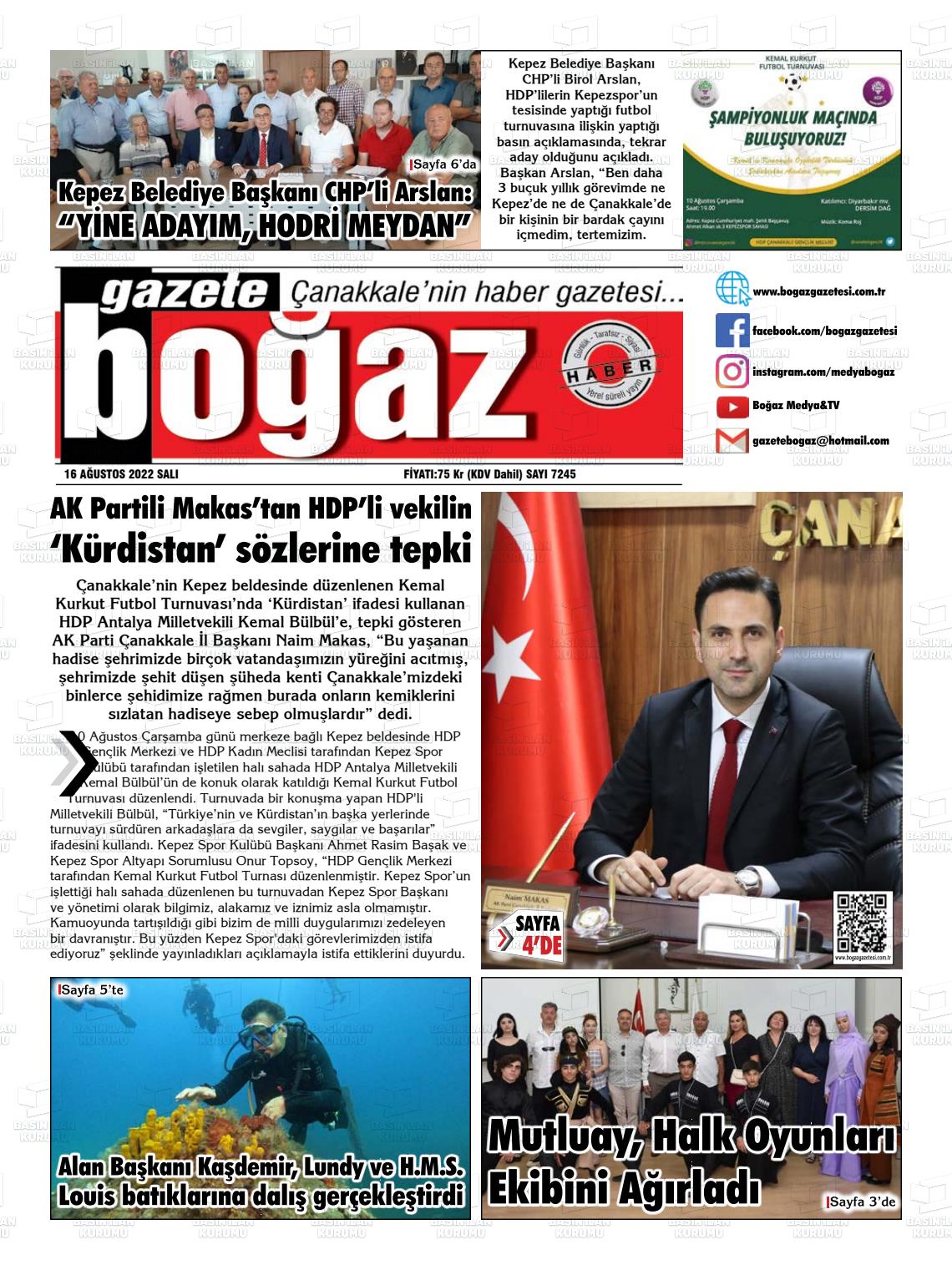 16 Ağustos 2022 Bogaz Gazete Manşeti