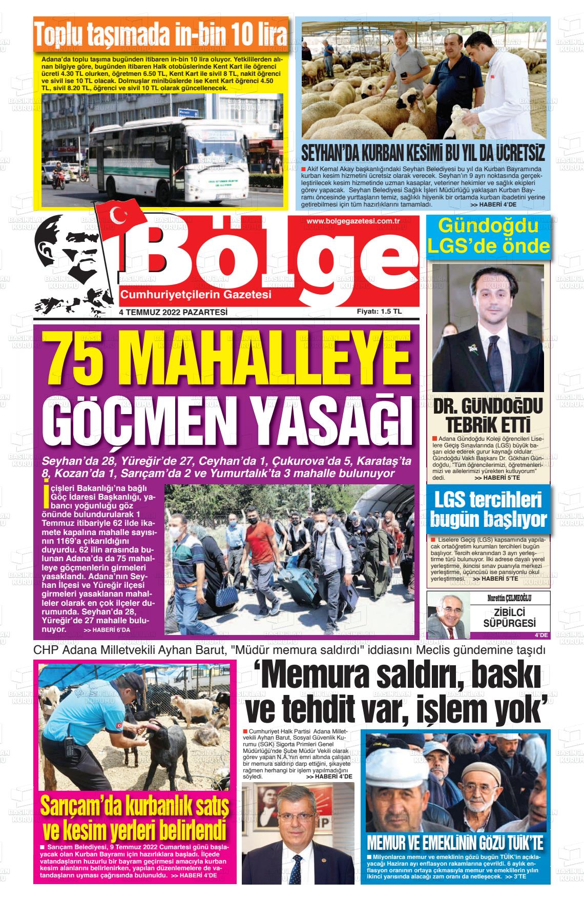 04 Temmuz 2022 Adana Bölge Gazete Manşeti
