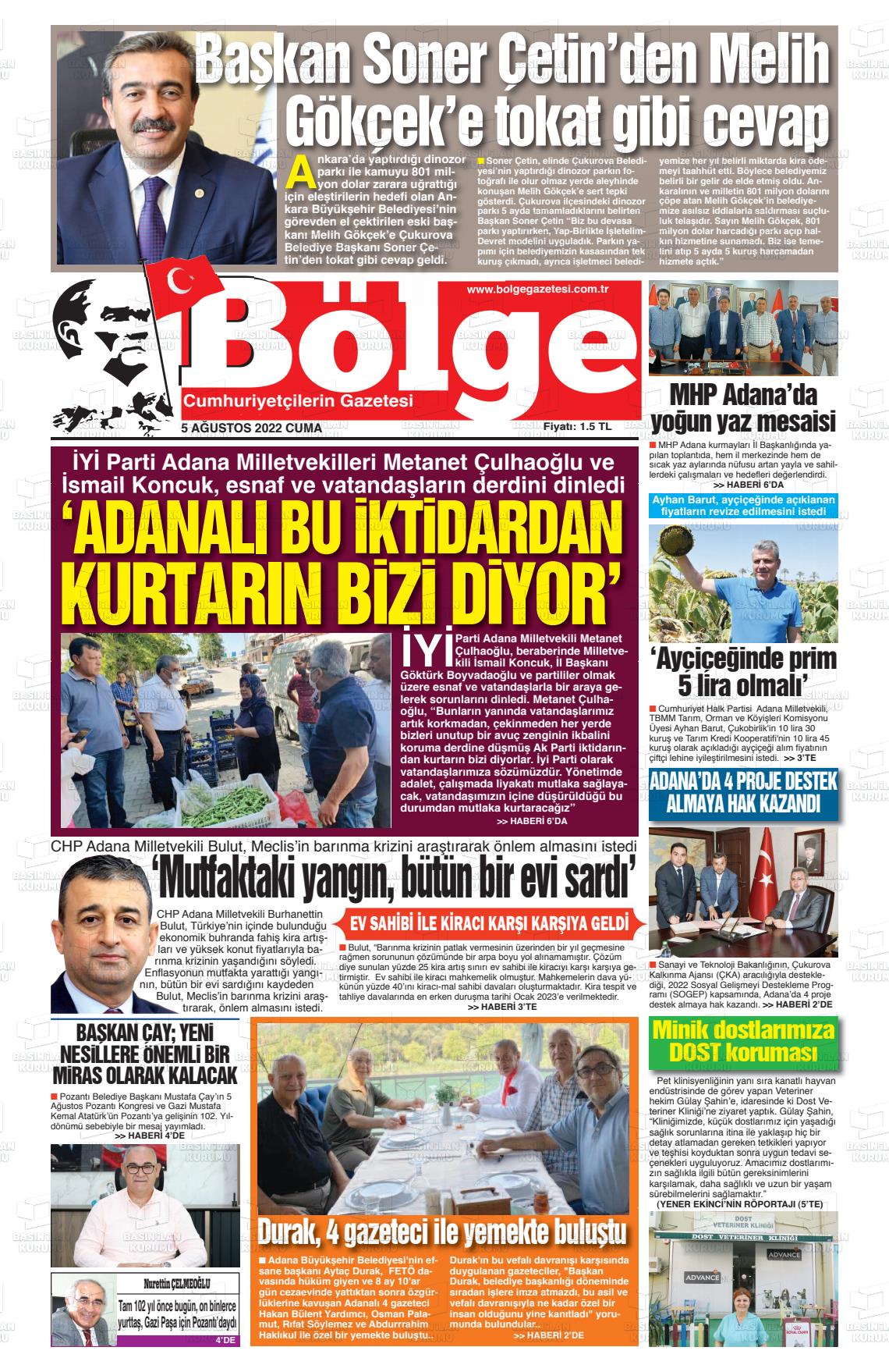 05 Ağustos 2022 Adana Bölge Gazete Manşeti