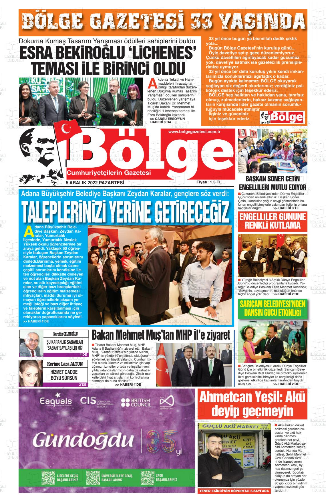 05 Aralık 2022 Adana Bölge Gazete Manşeti