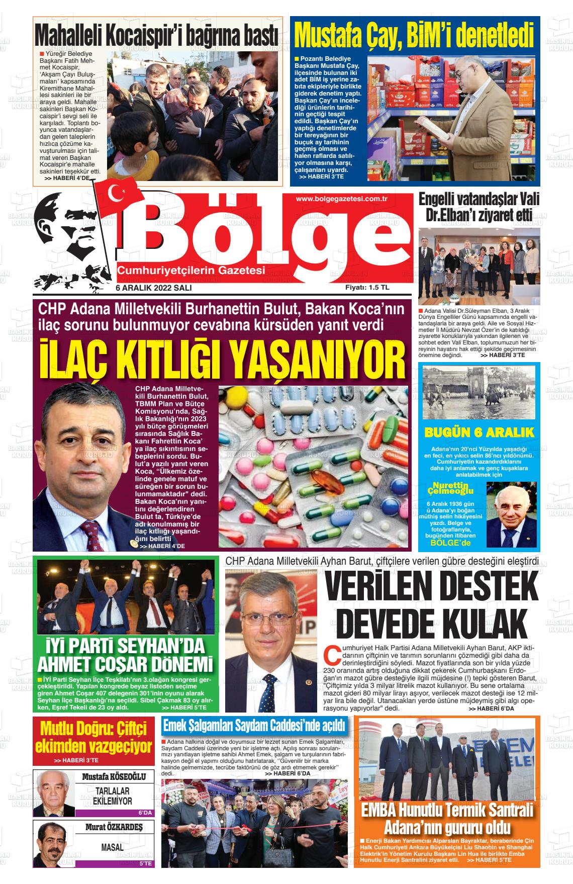 06 Aralık 2022 Adana Bölge Gazete Manşeti