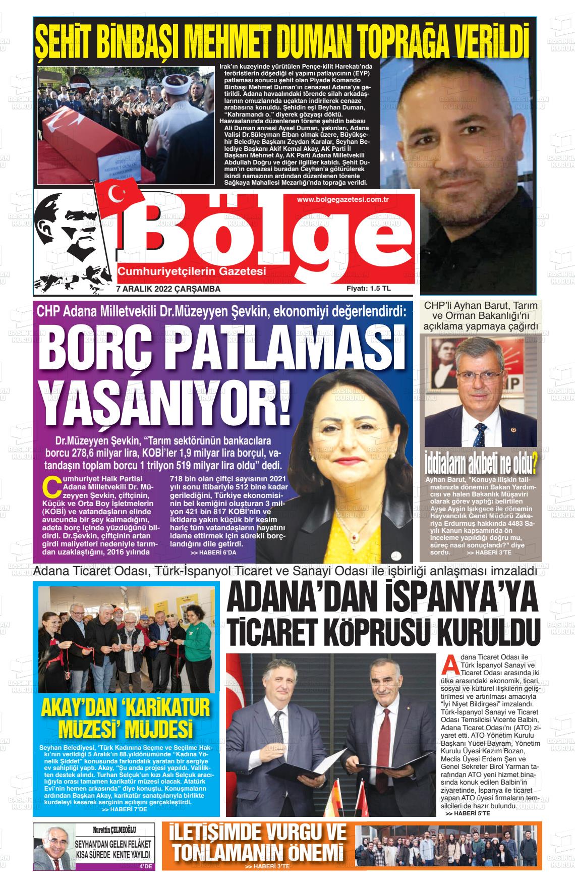 07 Aralık 2022 Adana Bölge Gazete Manşeti