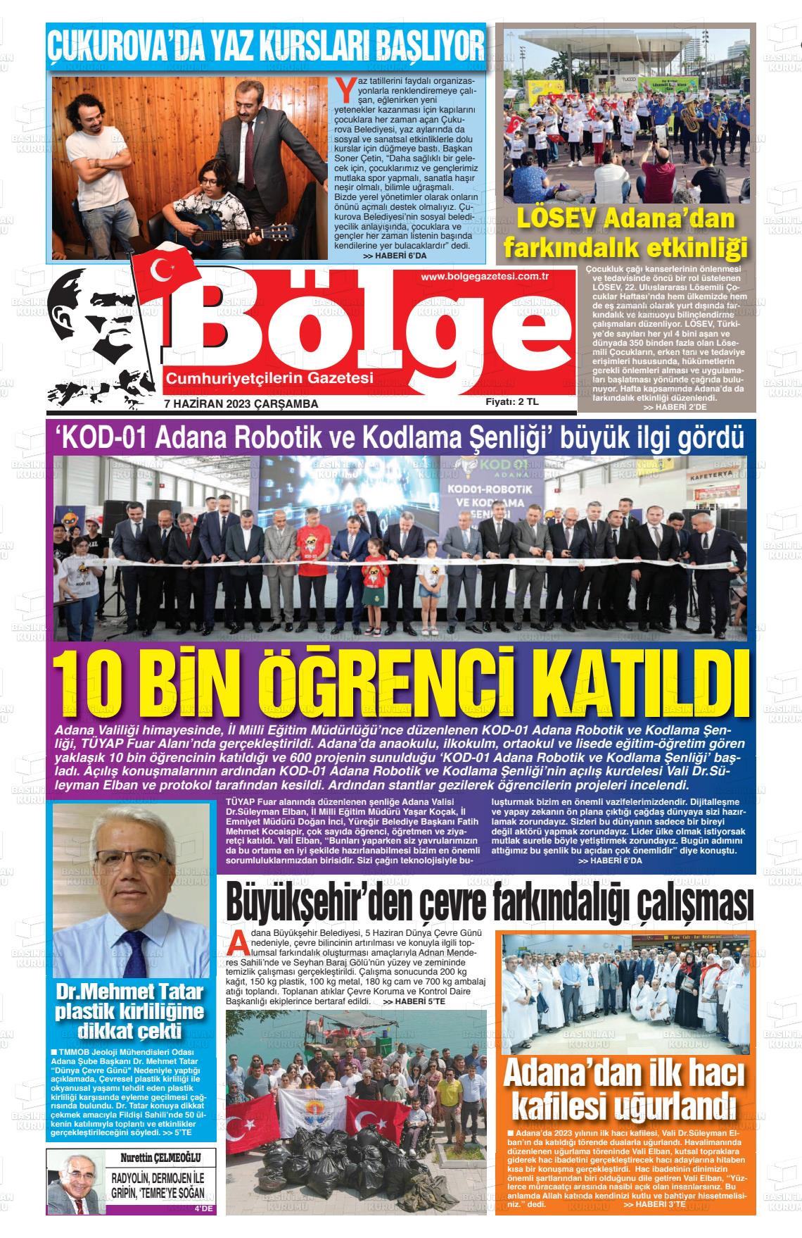 07 Haziran 2023 Adana Bölge Gazete Manşeti