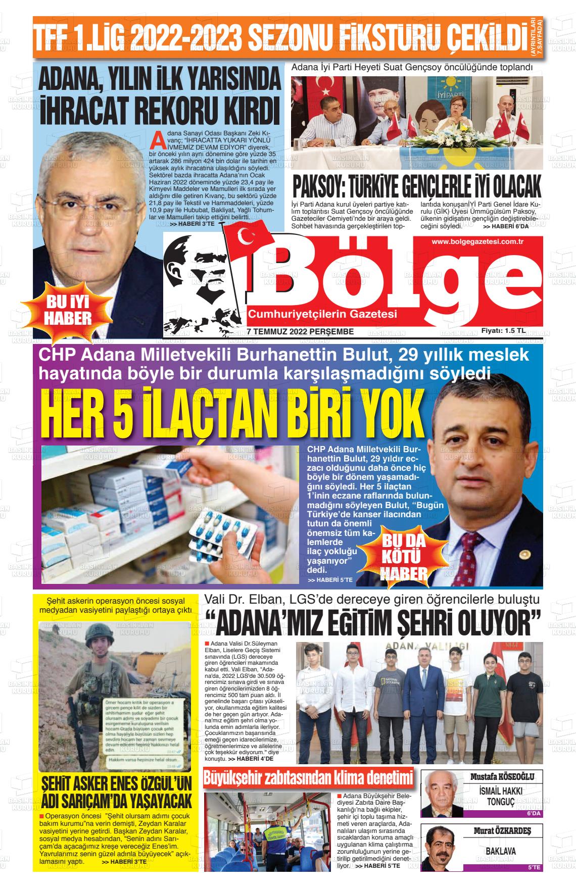 07 Temmuz 2022 Adana Bölge Gazete Manşeti