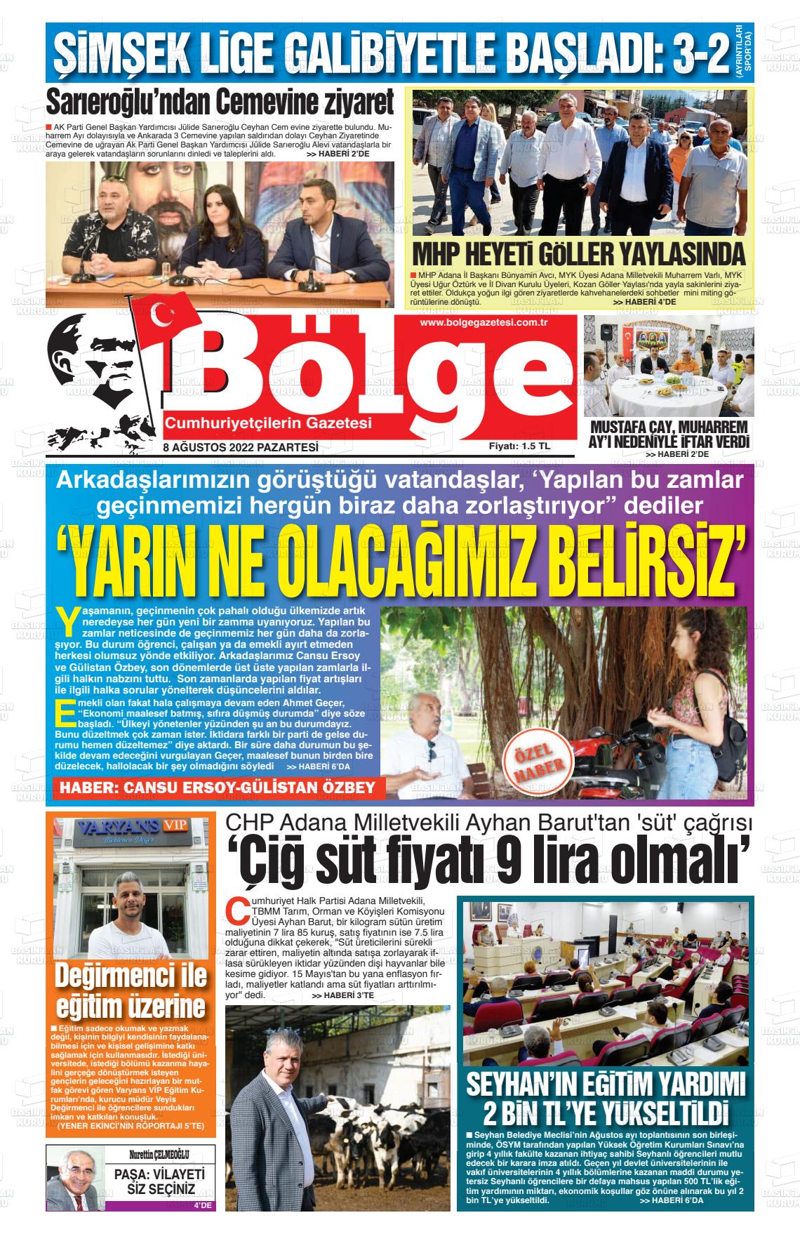 08 Ağustos 2022 Adana Bölge Gazete Manşeti