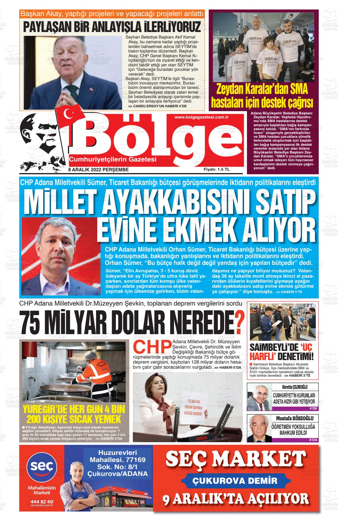 08 Aralık 2022 Adana Bölge Gazete Manşeti