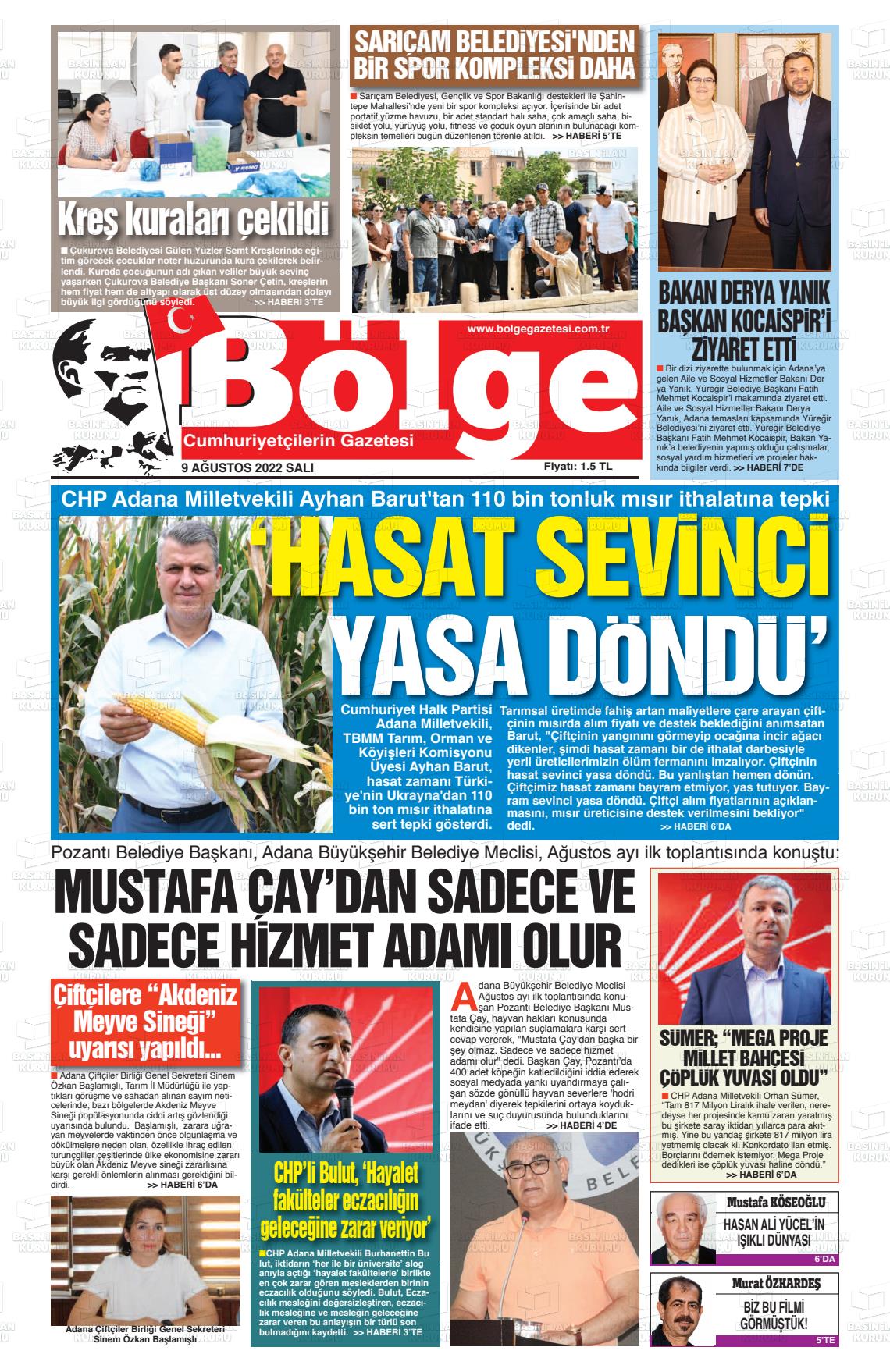 09 Ağustos 2022 Adana Bölge Gazete Manşeti