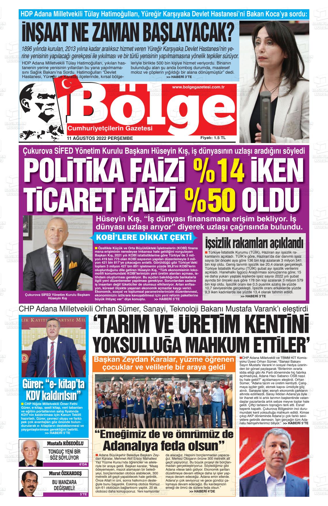 11 Ağustos 2022 Adana Bölge Gazete Manşeti