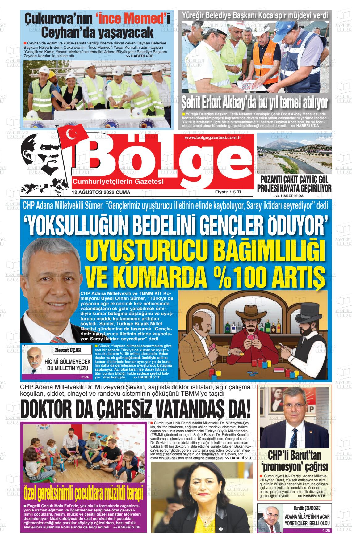 12 Ağustos 2022 Adana Bölge Gazete Manşeti