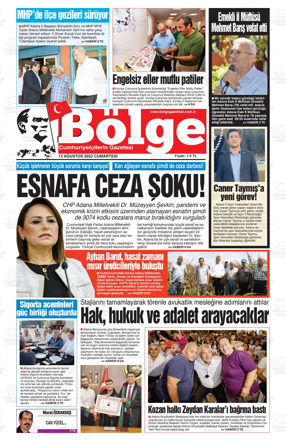 13 Ağustos 2022 Adana Bölge Gazete Manşeti