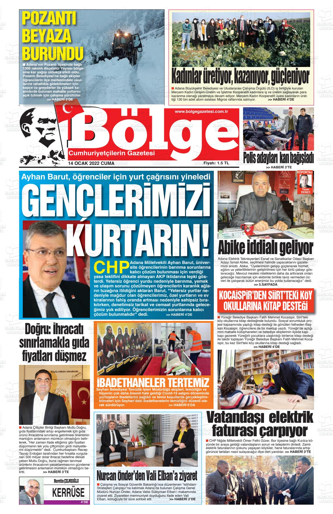 14 Ocak 2022 Adana Bölge Gazete Manşeti