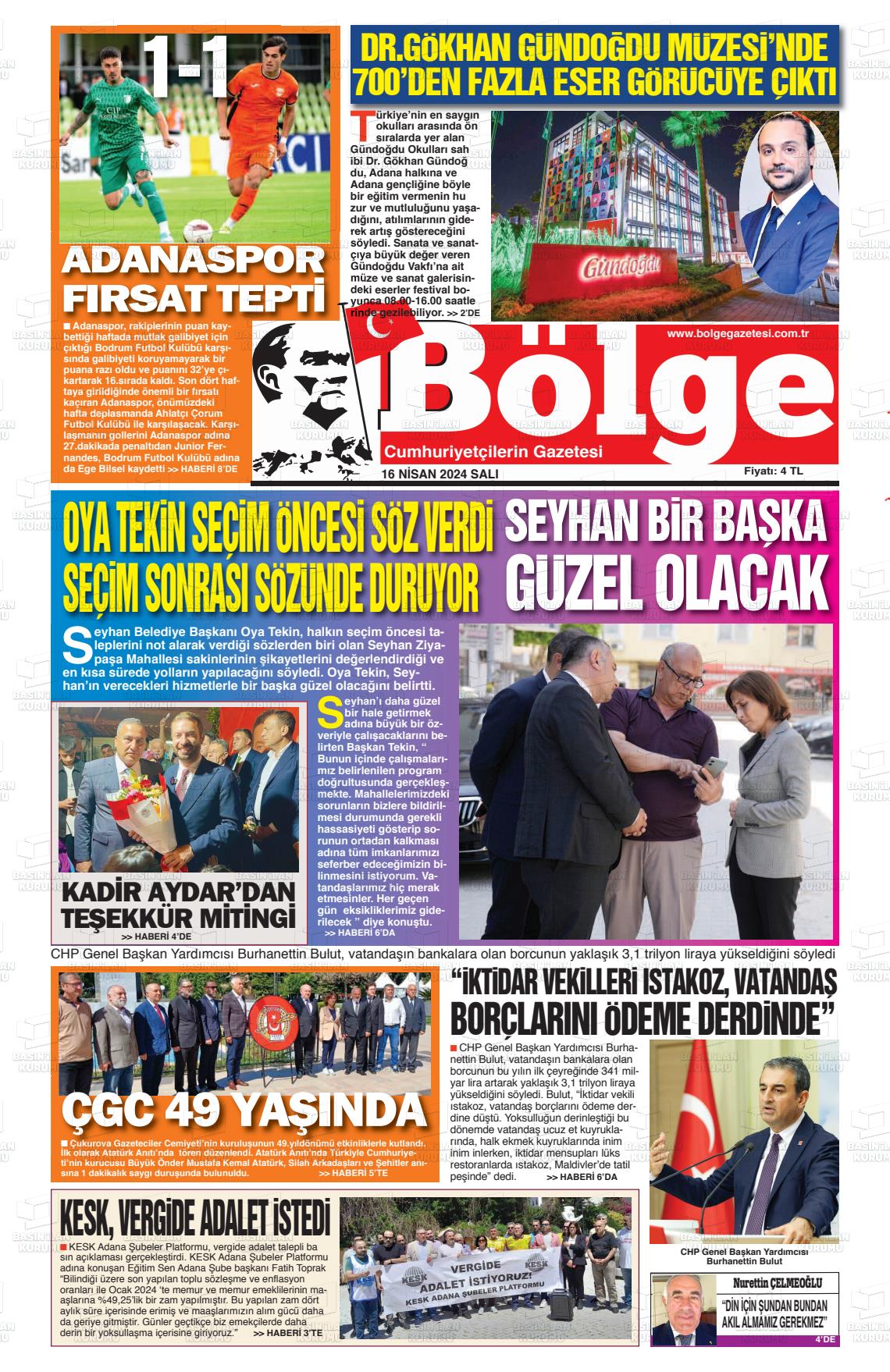18 Nisan 2024 Adana Bölge Gazete Manşeti