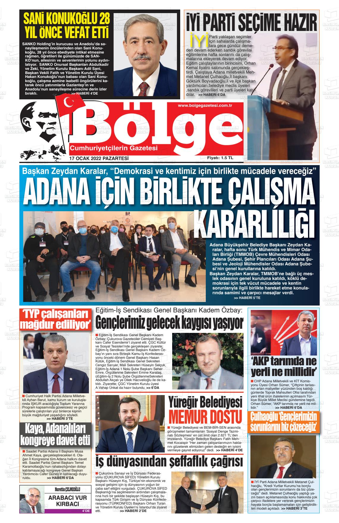 17 Ocak 2022 Adana Bölge Gazete Manşeti