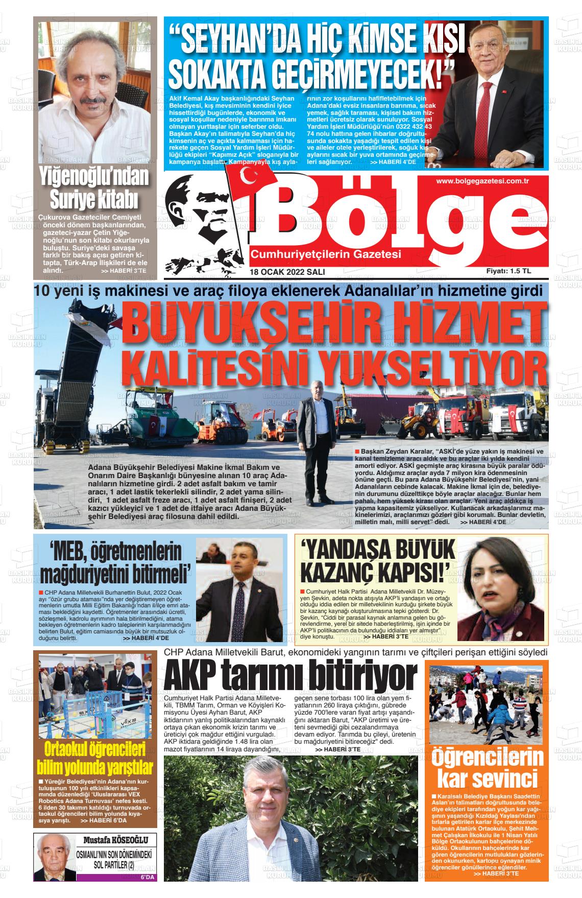 18 Ocak 2022 Adana Bölge Gazete Manşeti