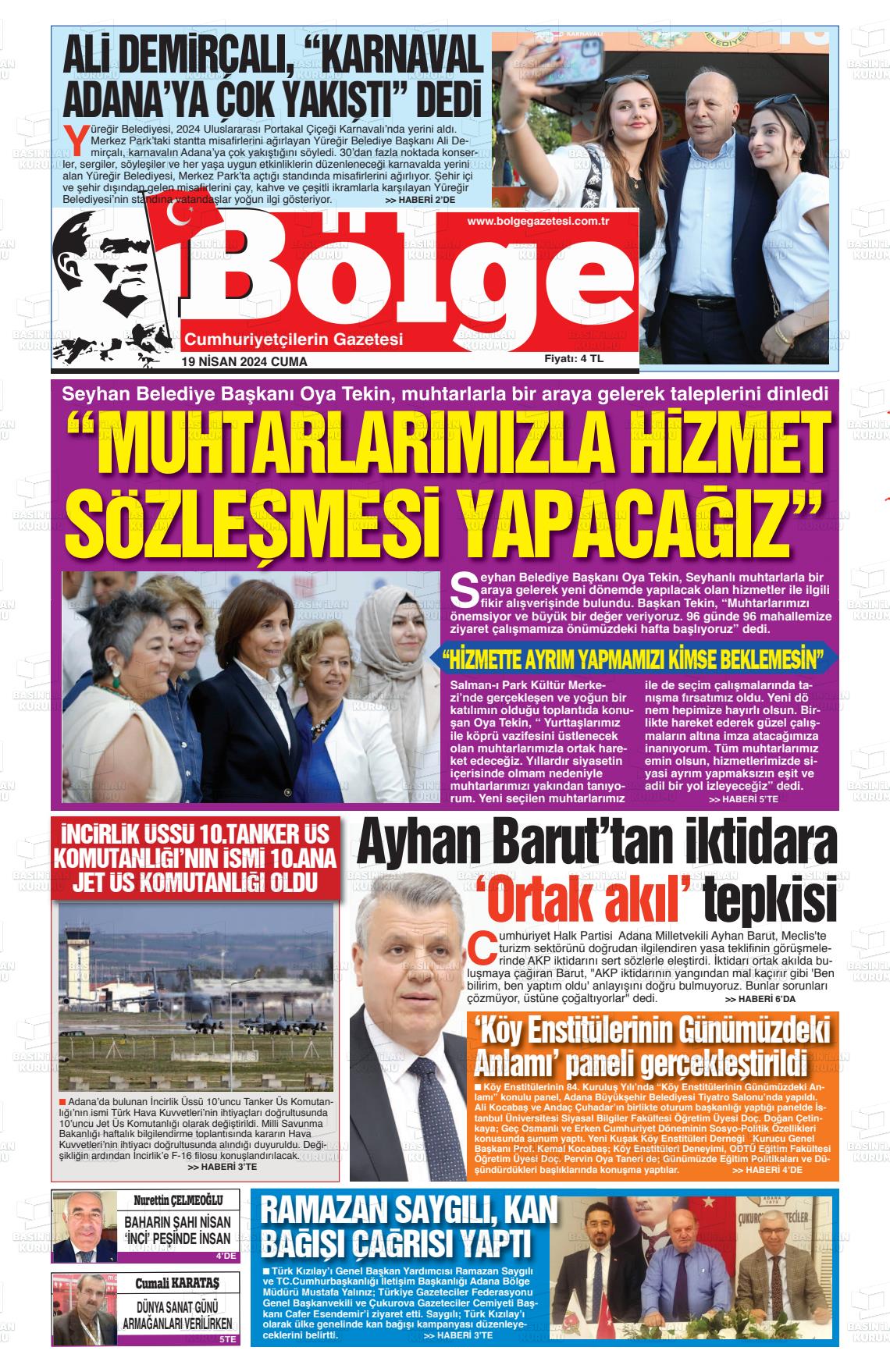 19 Nisan 2024 Adana Bölge Gazete Manşeti