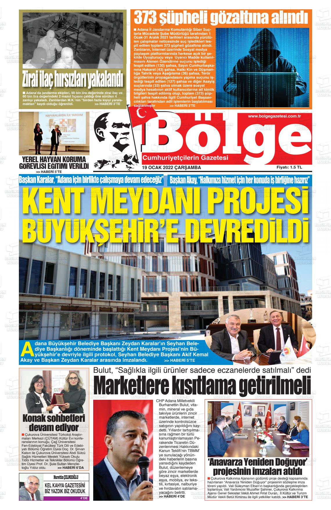 19 Ocak 2022 Adana Bölge Gazete Manşeti