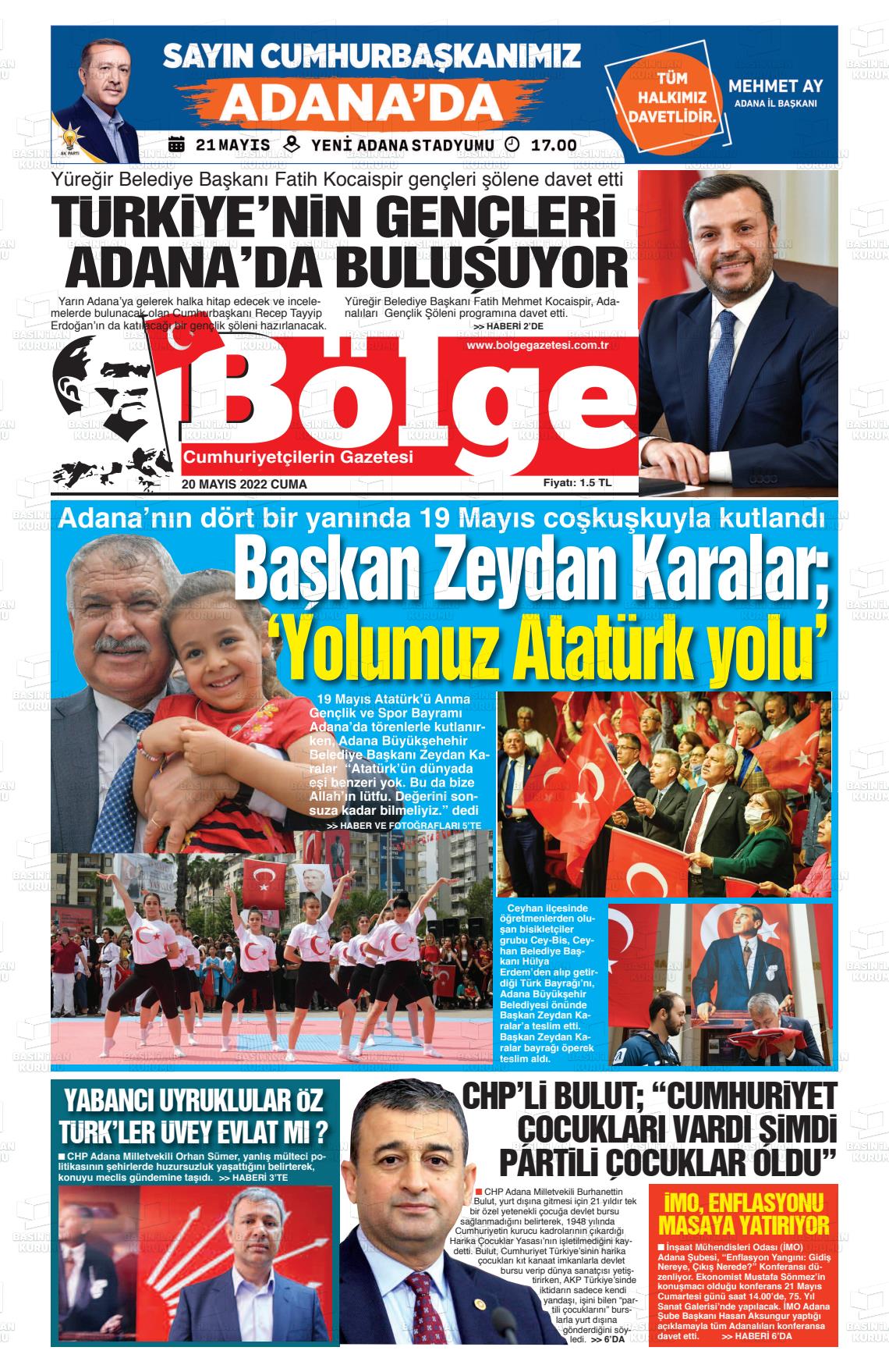 20 Mayıs 2022 Adana Bölge Gazete Manşeti