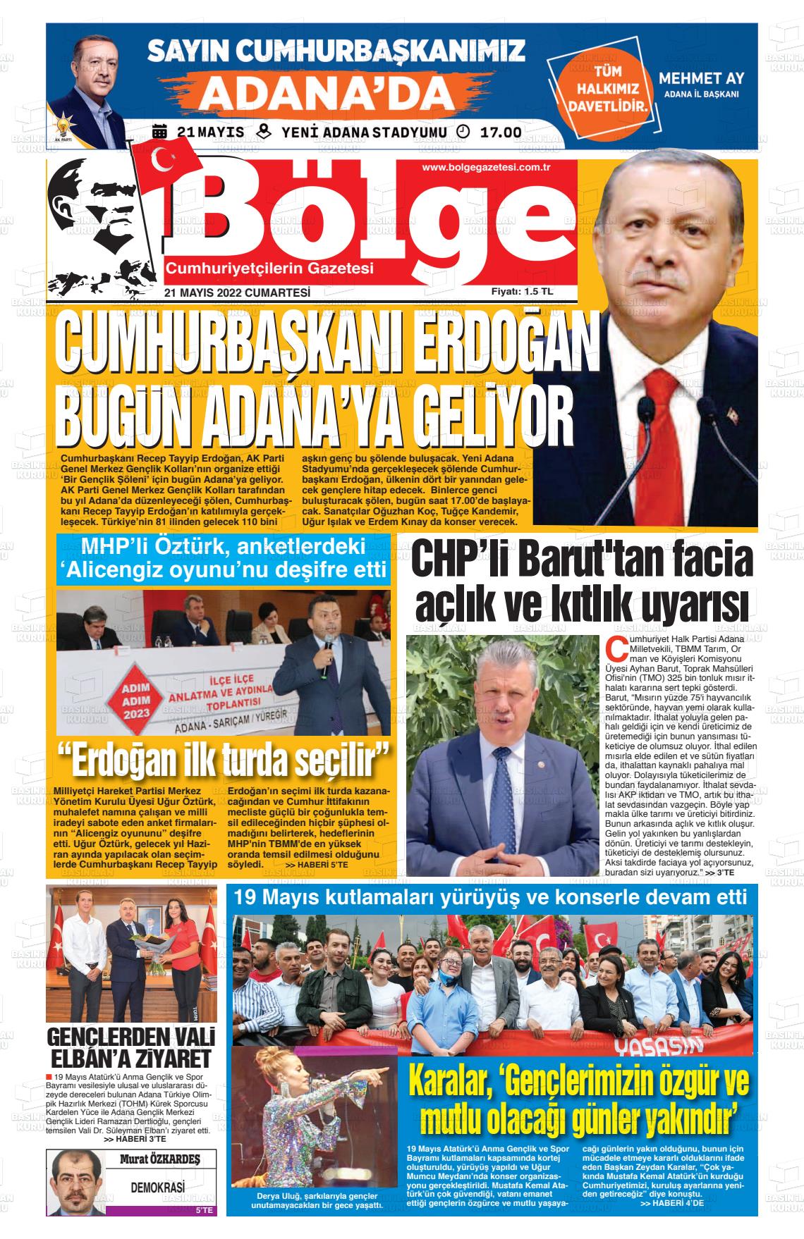 21 Mayıs 2022 Adana Bölge Gazete Manşeti
