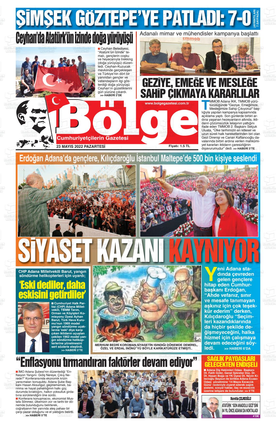 23 Mayıs 2022 Adana Bölge Gazete Manşeti