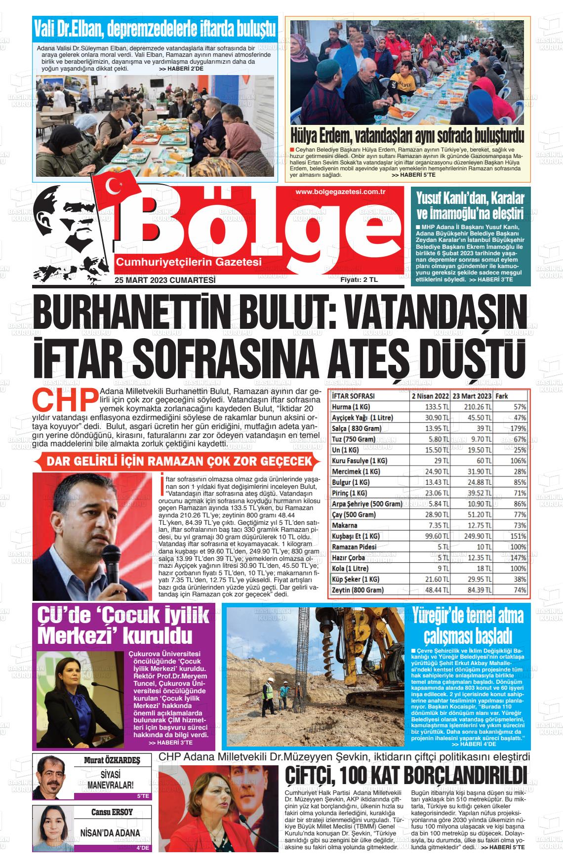 25 Mart 2023 Adana Bölge Gazete Manşeti
