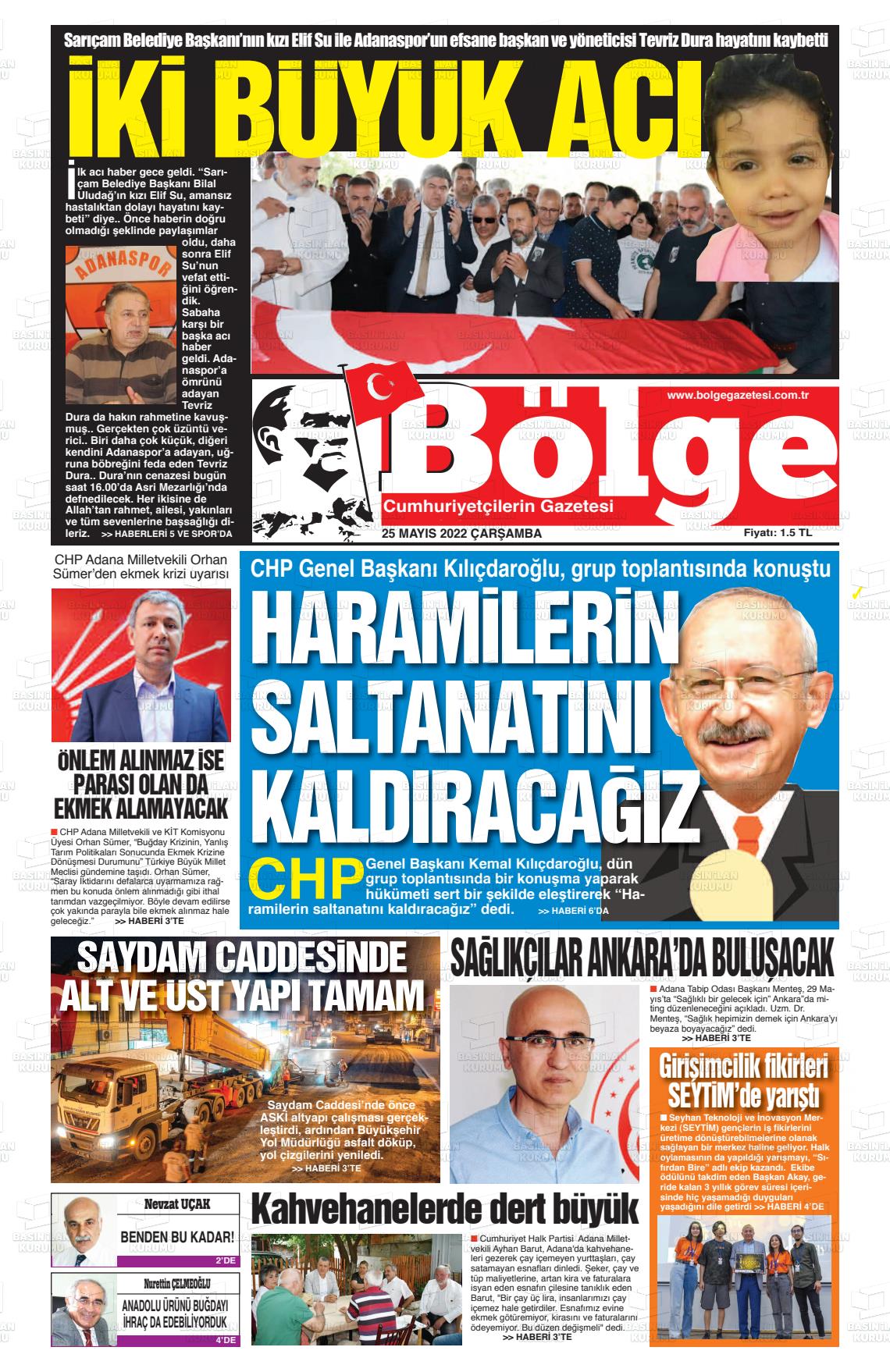 25 Mayıs 2022 Adana Bölge Gazete Manşeti