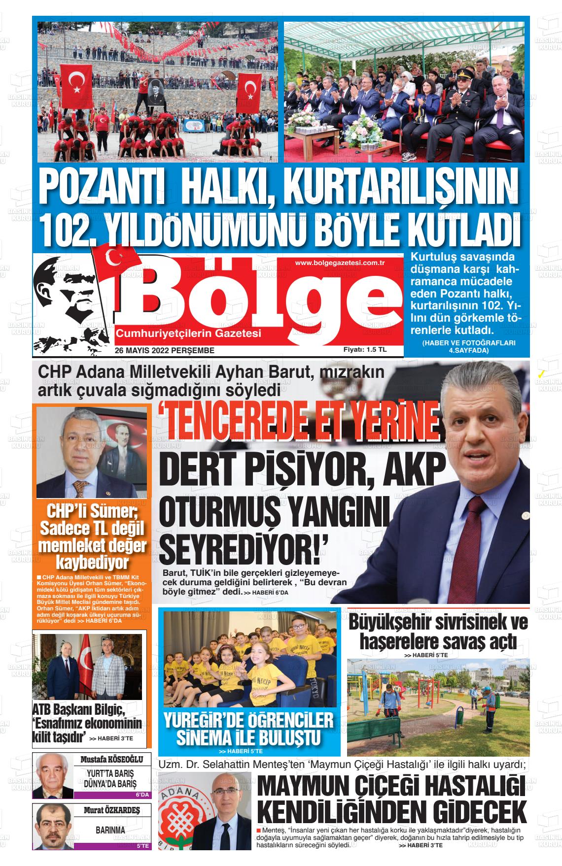 26 Mayıs 2022 Adana Bölge Gazete Manşeti
