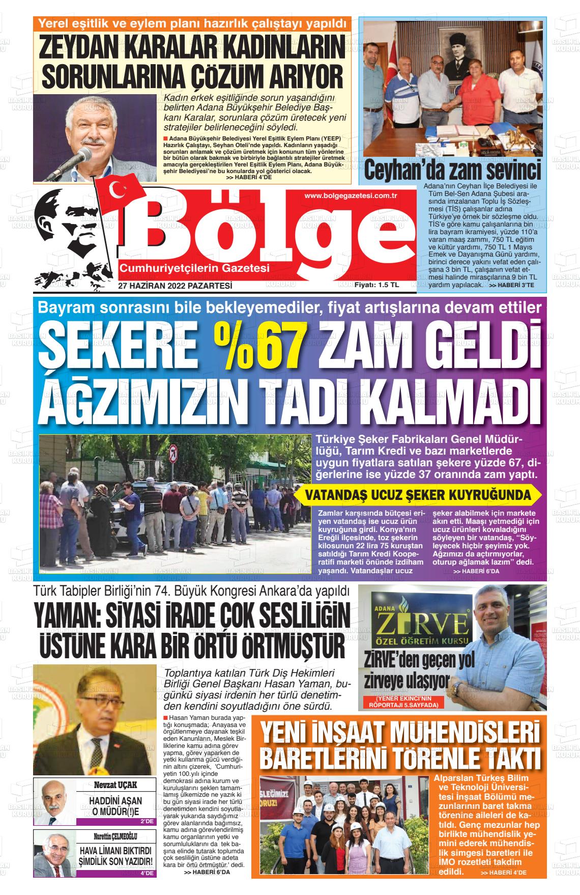 27 Haziran 2022 Adana Bölge Gazete Manşeti
