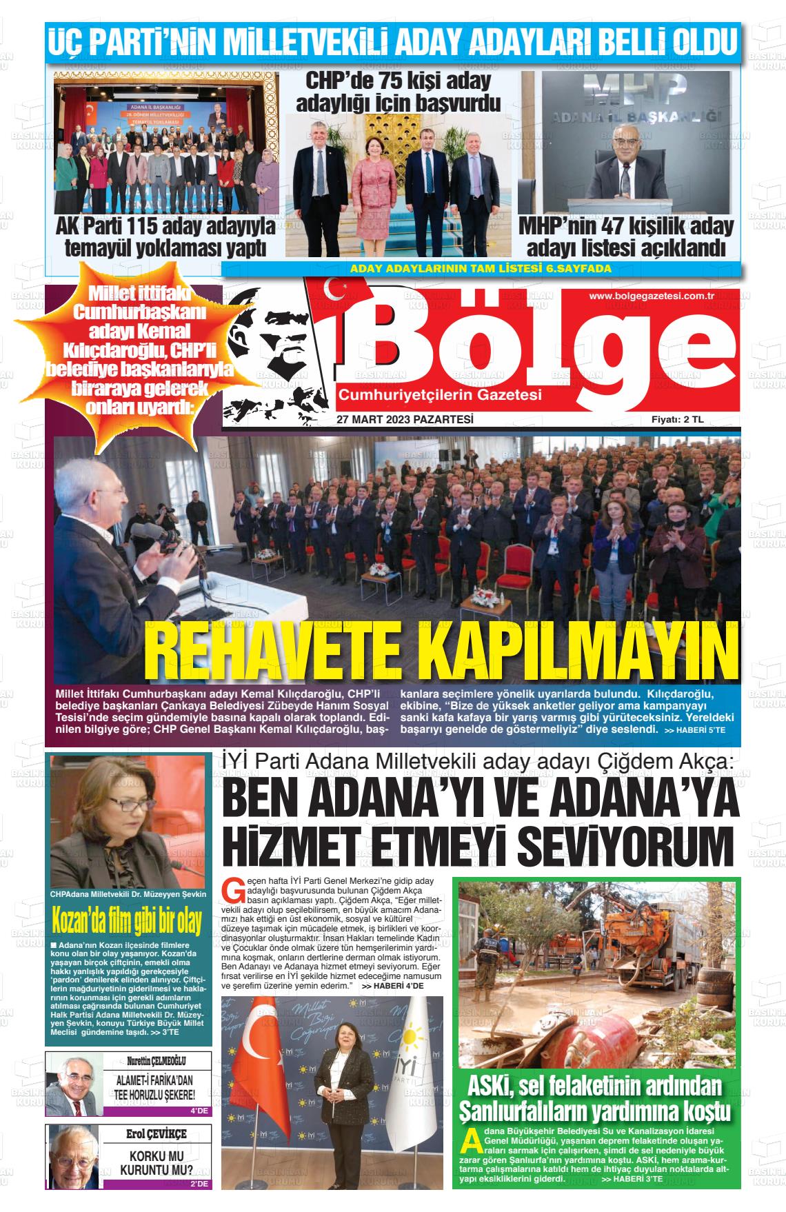27 Mart 2023 Adana Bölge Gazete Manşeti