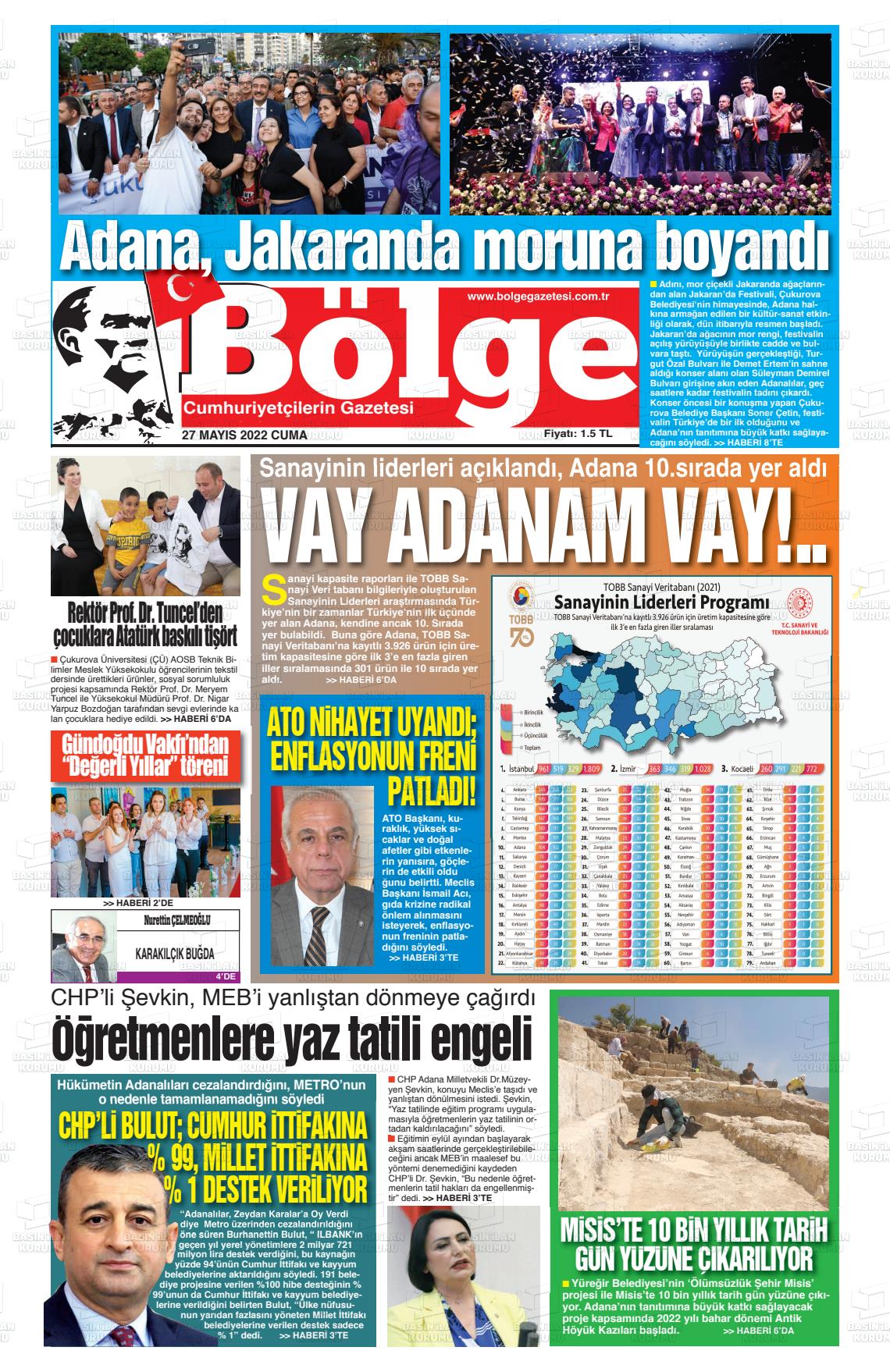 27 Mayıs 2022 Adana Bölge Gazete Manşeti