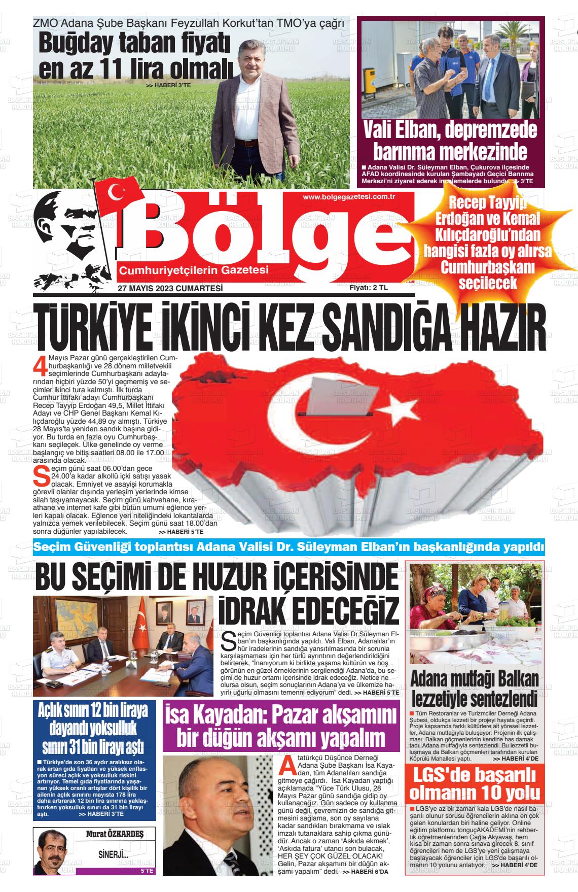 27 Mayıs 2023 Adana Bölge Gazete Manşeti