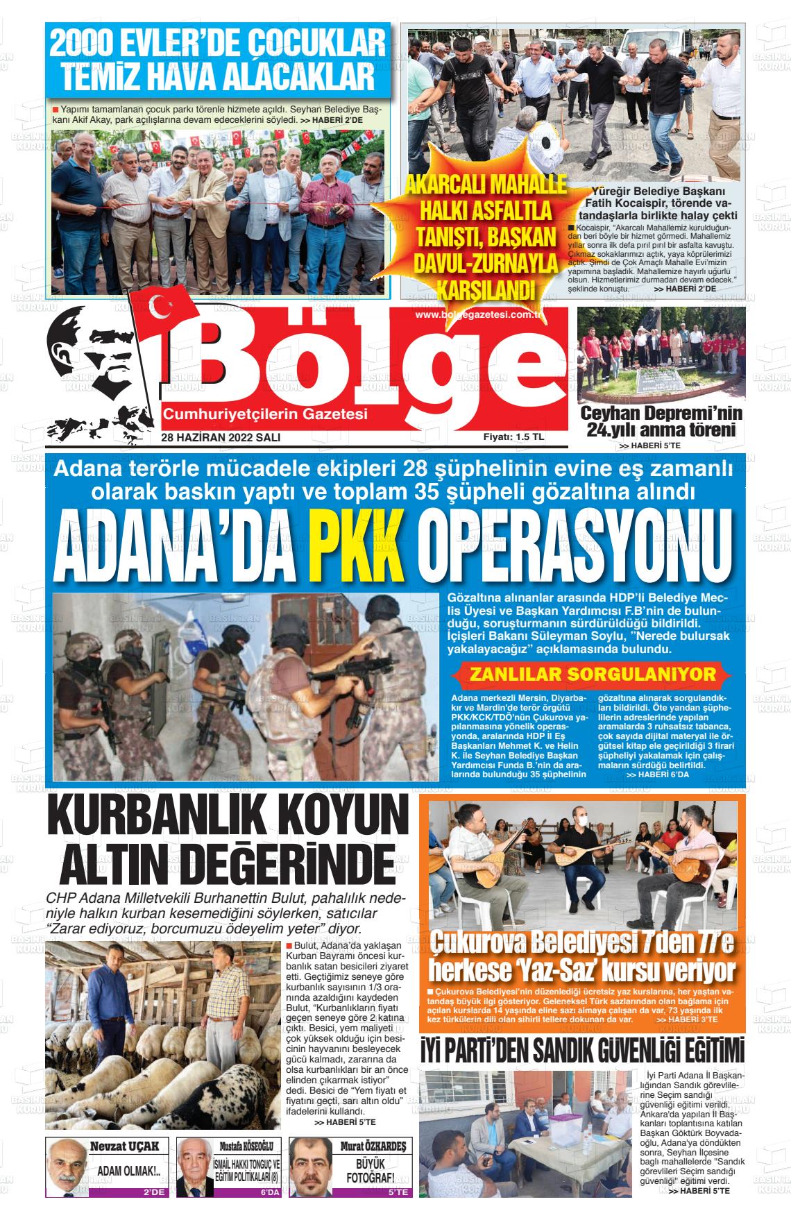 28 Haziran 2022 Adana Bölge Gazete Manşeti