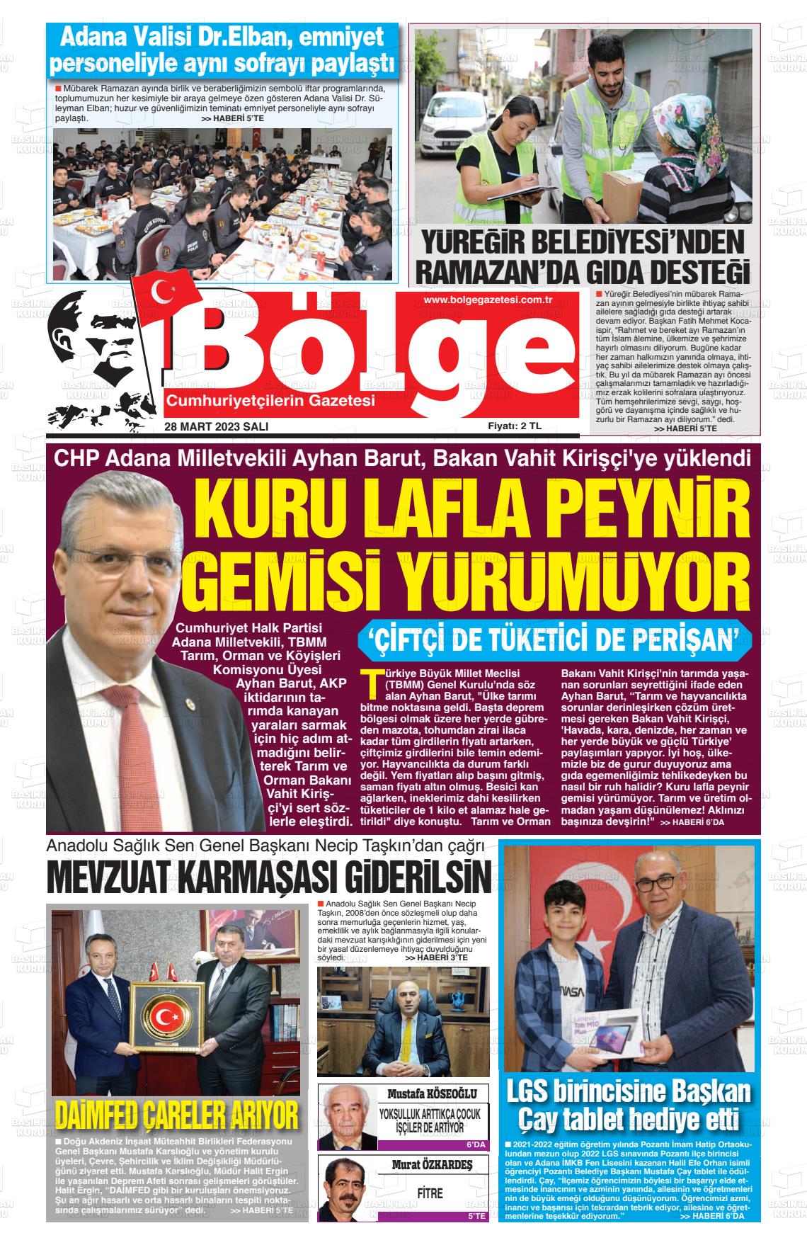28 Mart 2023 Adana Bölge Gazete Manşeti