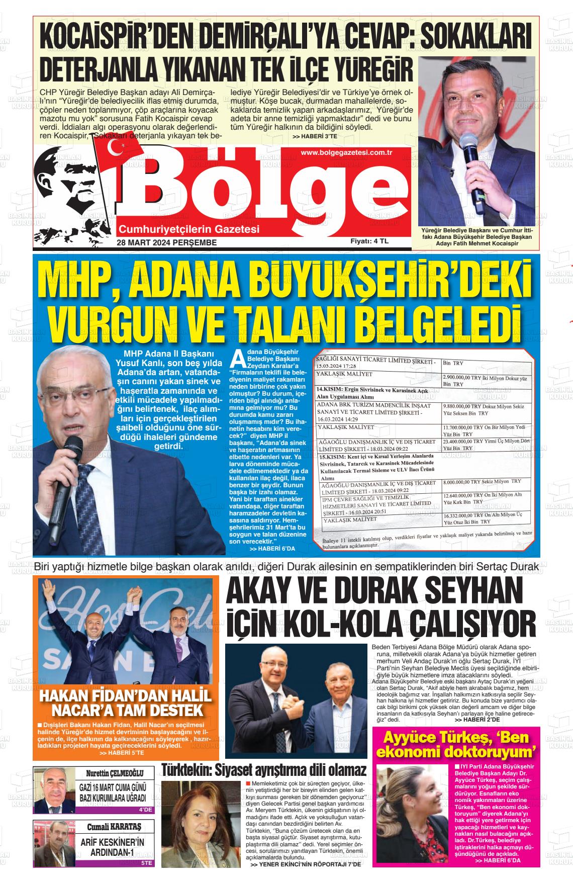 28 Mart 2024 Adana Bölge Gazete Manşeti