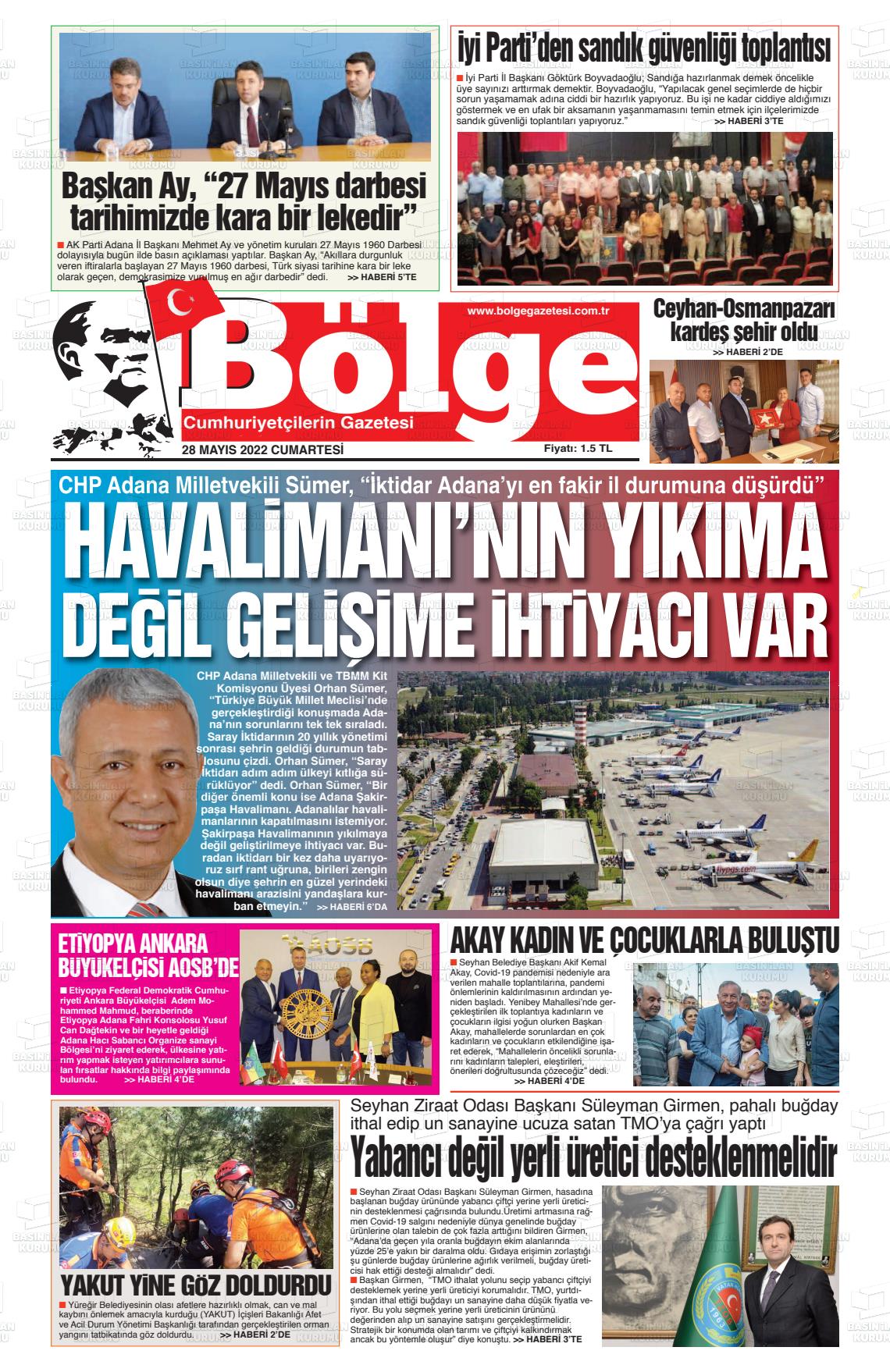 28 Mayıs 2022 Adana Bölge Gazete Manşeti
