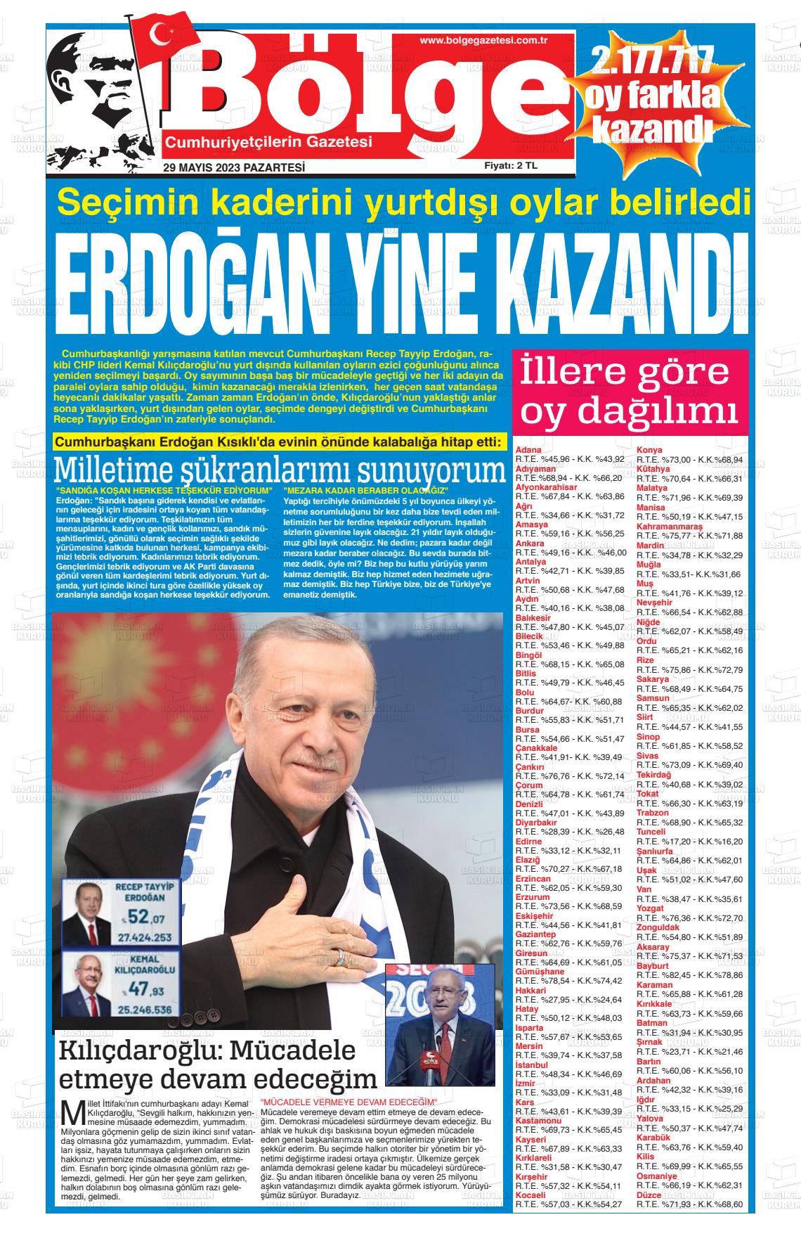 29 Mayıs 2023 Adana Bölge Gazete Manşeti