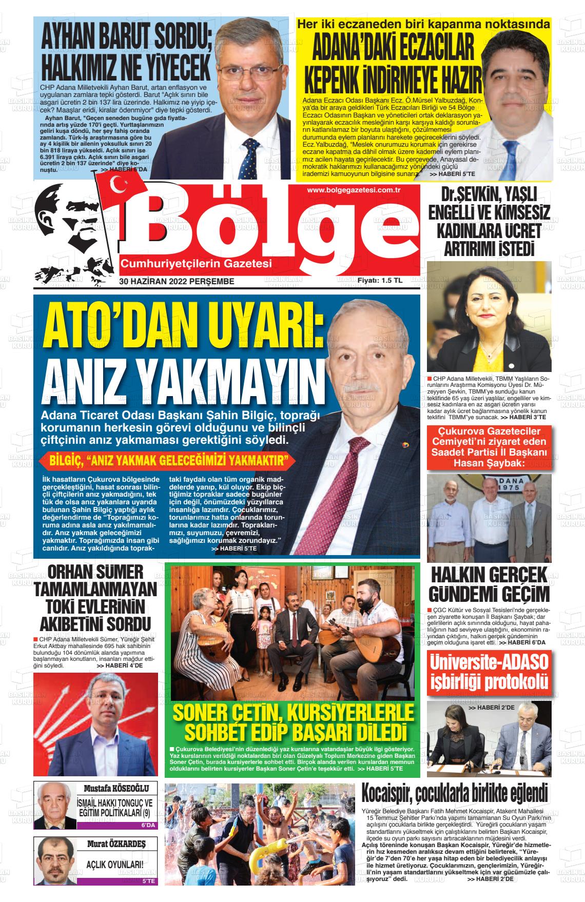 30 Haziran 2022 Adana Bölge Gazete Manşeti